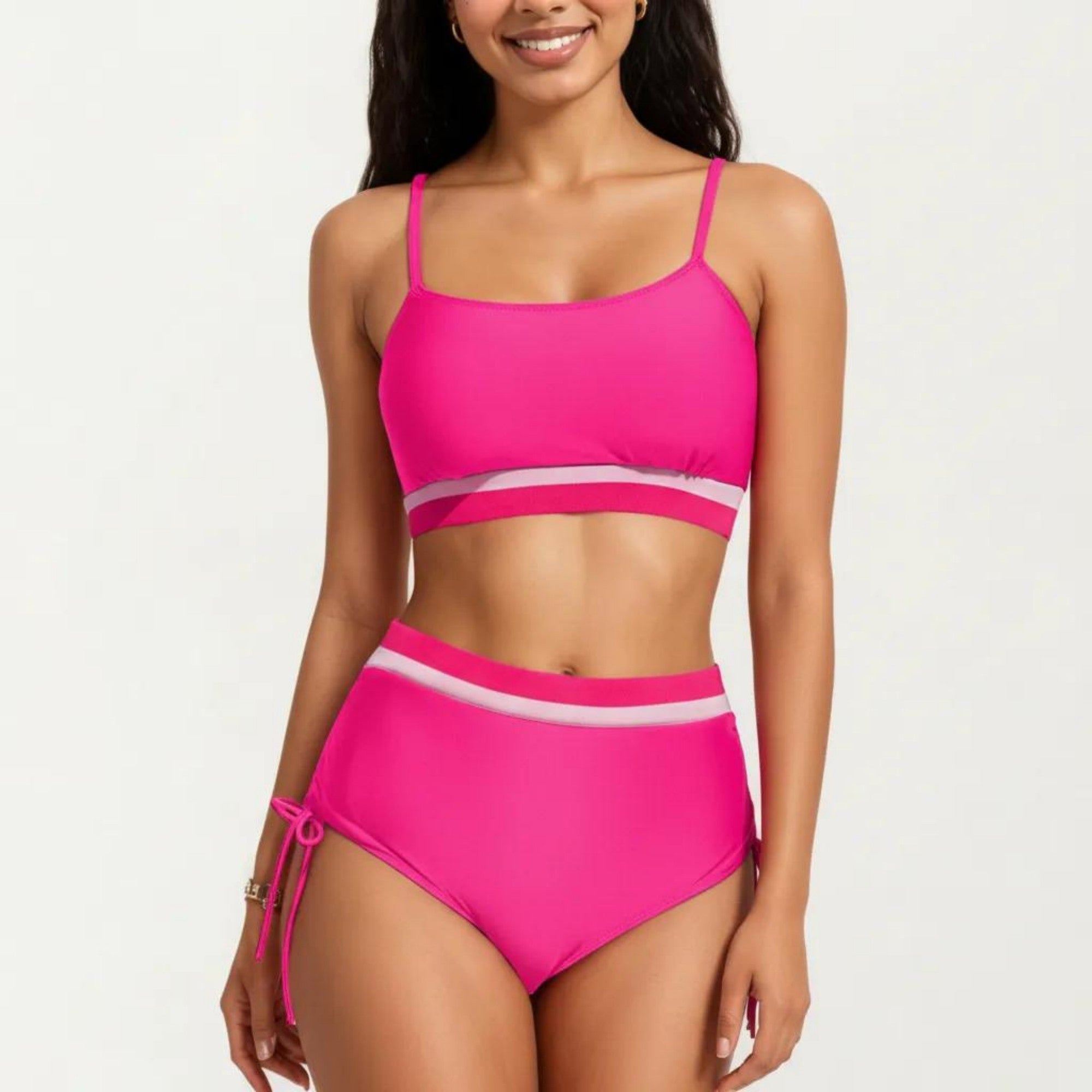 Anna-Kaci Swim Women's Two Piece Bikini Set with Scoop Neck Top High Waist Bottom and Contrast Trim