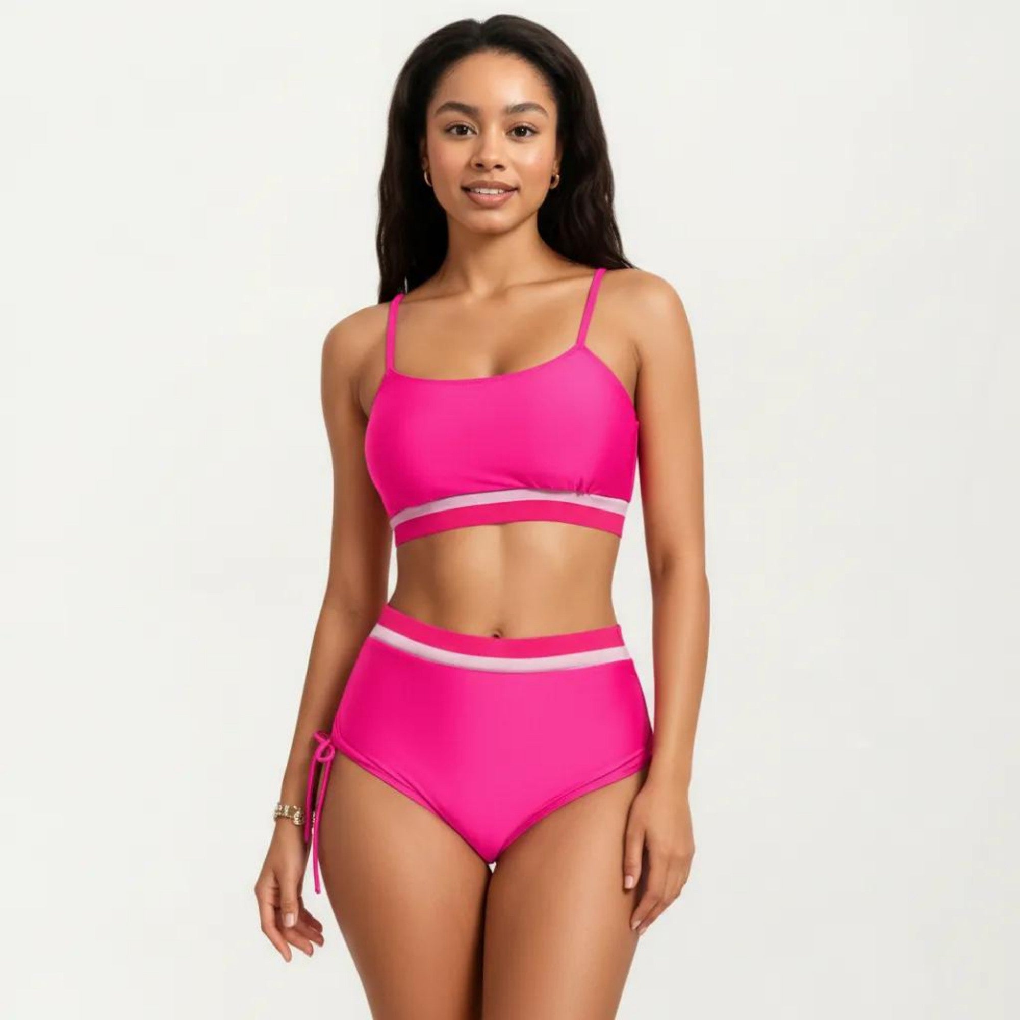 Anna-Kaci Swim Women's Two Piece Bikini Set with Scoop Neck Top High Waist Bottom and Contrast Trim