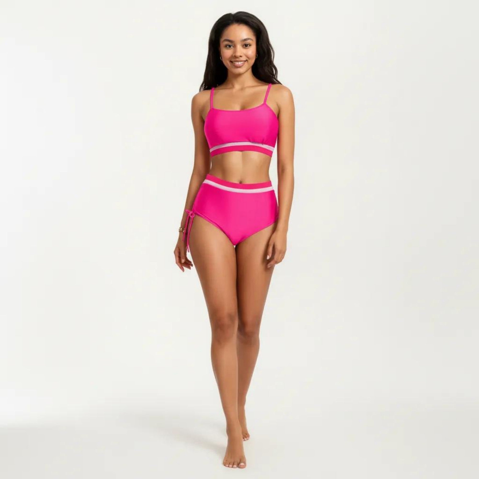 Anna-Kaci Swim Women's Two Piece Bikini Set with Scoop Neck Top High Waist Bottom and Contrast Trim