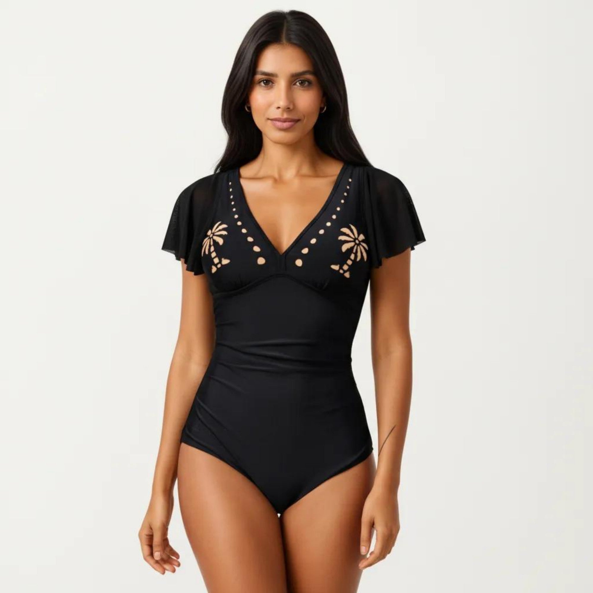 Anna-Kaci Swim Women's One Piece Swimsuit with Flutter Sleeves V Neck Bust Detail and Shaping Silhouette