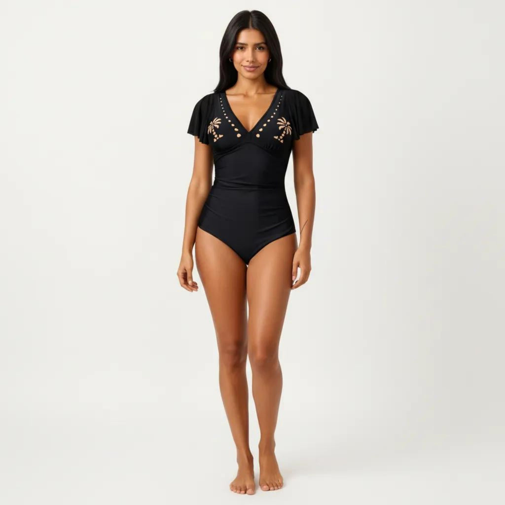 Anna-Kaci Swim Women's One Piece Swimsuit with Flutter Sleeves V Neck Bust Detail and Shaping Silhouette
