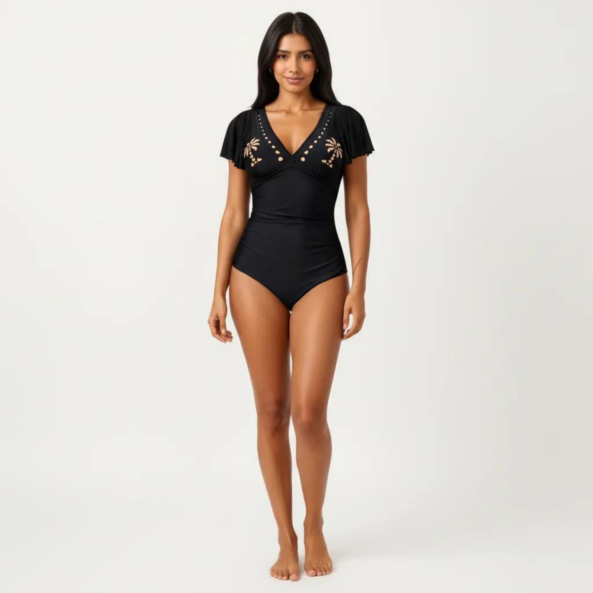 Anna-Kaci Swim Women's One Piece Swimsuit with Flutter Sleeves V Neck Bust Detail and Shaping Silhouette
