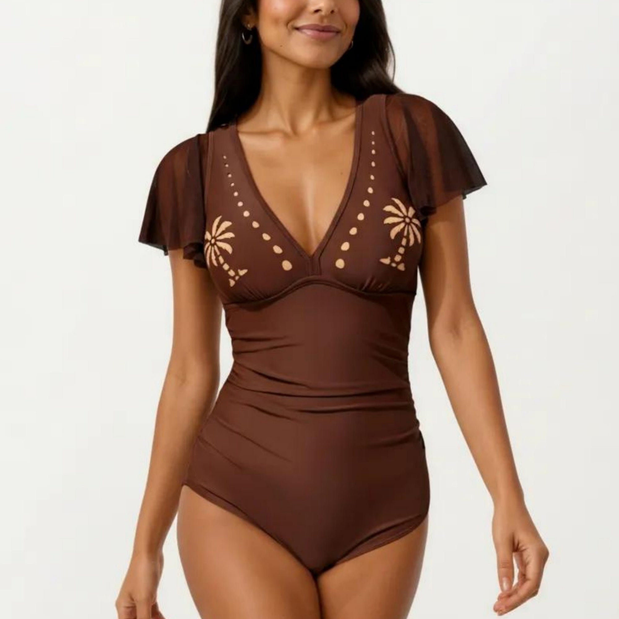 Anna-Kaci Swim Women's One Piece Swimsuit with Flutter Sleeves V Neck Bust Detail and Shaping Silhouette