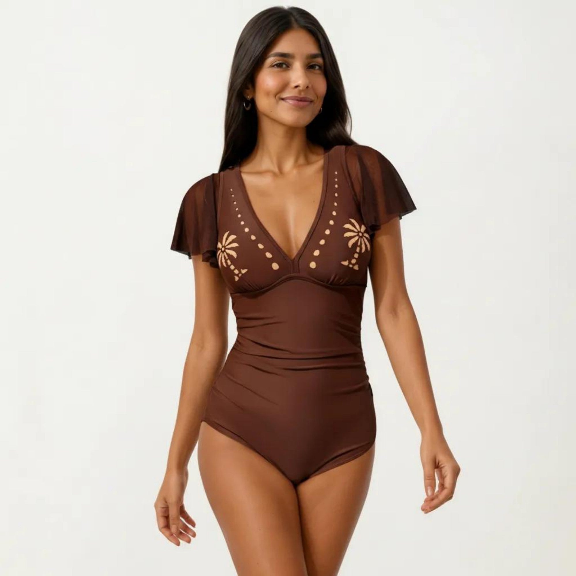 Anna-Kaci Swim Women's One Piece Swimsuit with Flutter Sleeves V Neck Bust Detail and Shaping Silhouette