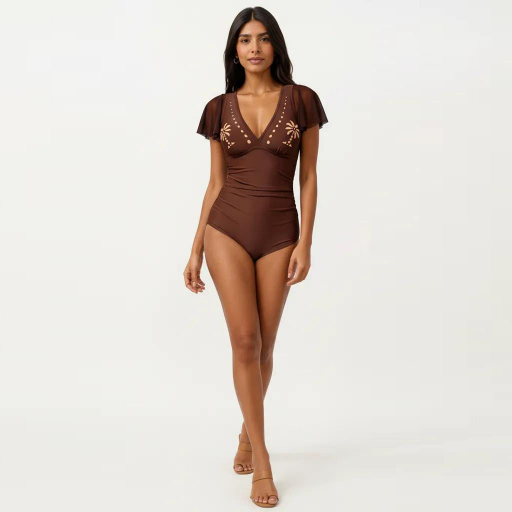 Anna-Kaci Swim Women's One Piece Swimsuit with Flutter Sleeves V Neck Bust Detail and Shaping Silhouette