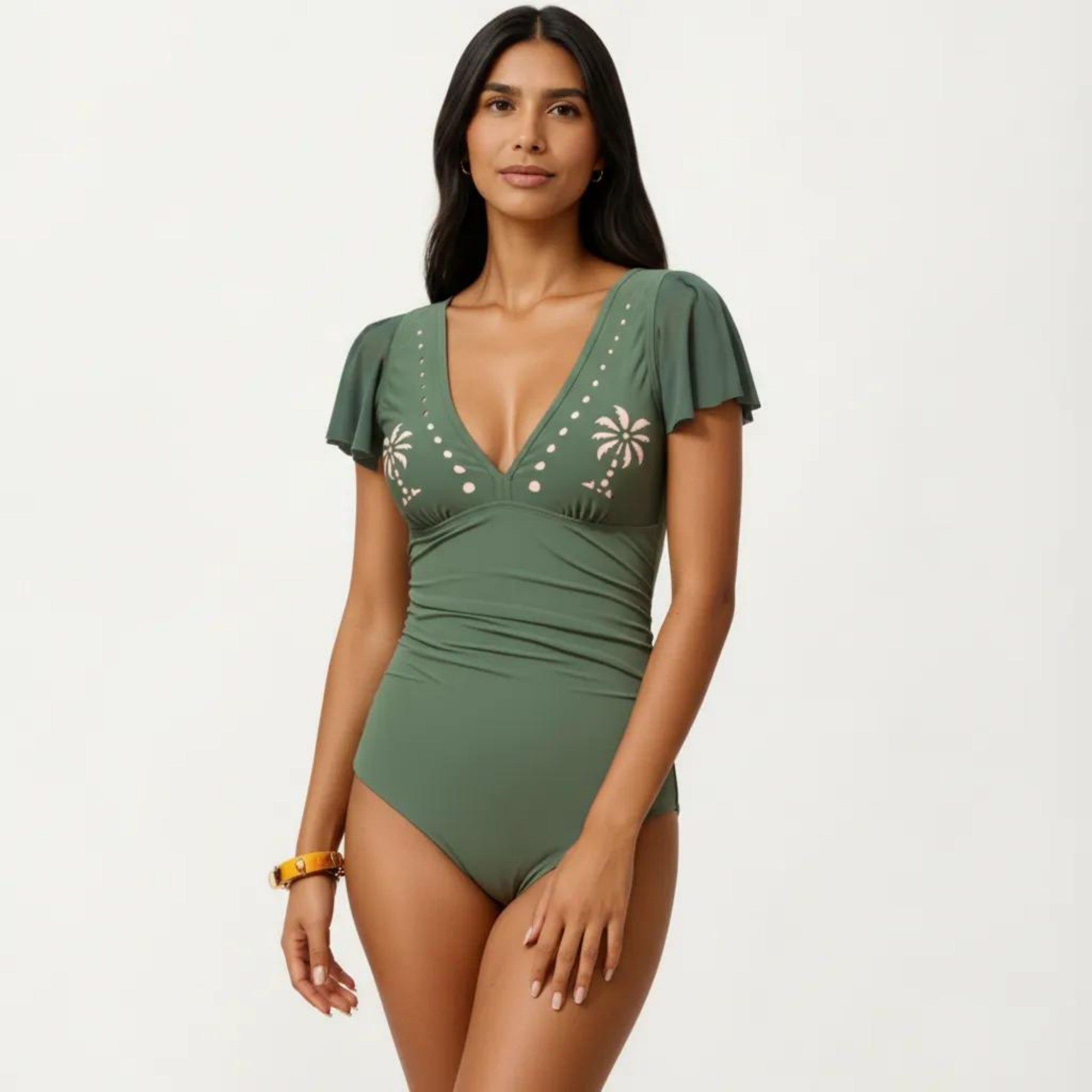 Anna-Kaci Swim Women's One Piece Swimsuit with Flutter Sleeves V Neck Bust Detail and Shaping Silhouette