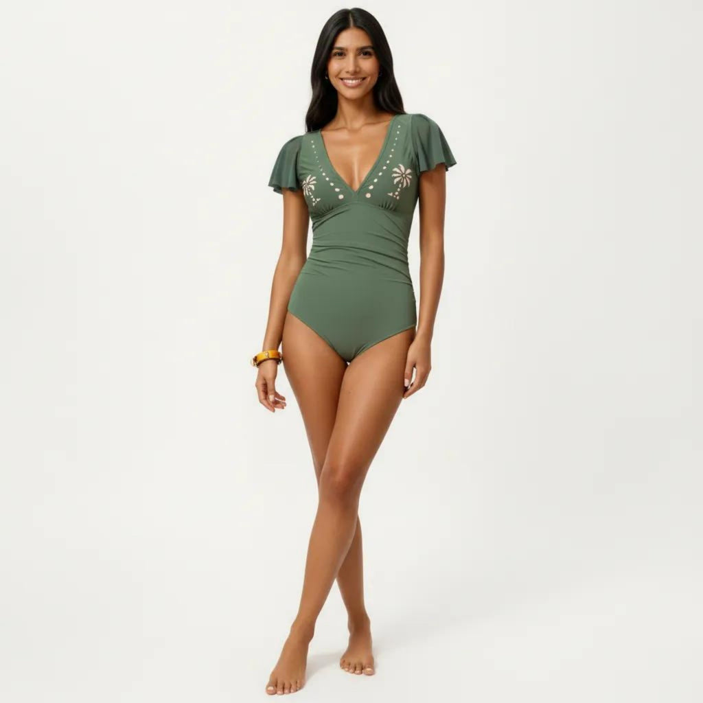 Anna-Kaci Swim Women's One Piece Swimsuit with Flutter Sleeves V Neck Bust Detail and Shaping Silhouette