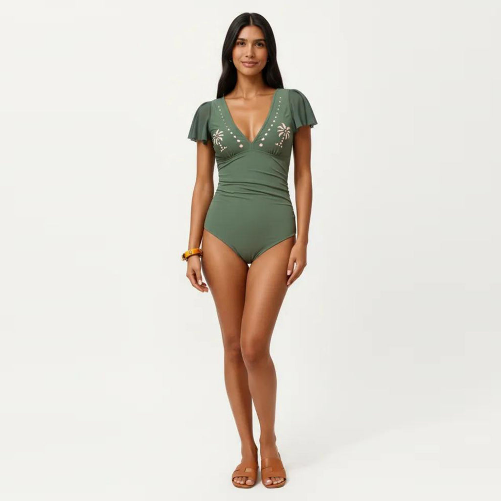 Anna-Kaci Swim Women's One Piece Swimsuit with Flutter Sleeves V Neck Bust Detail and Shaping Silhouette
