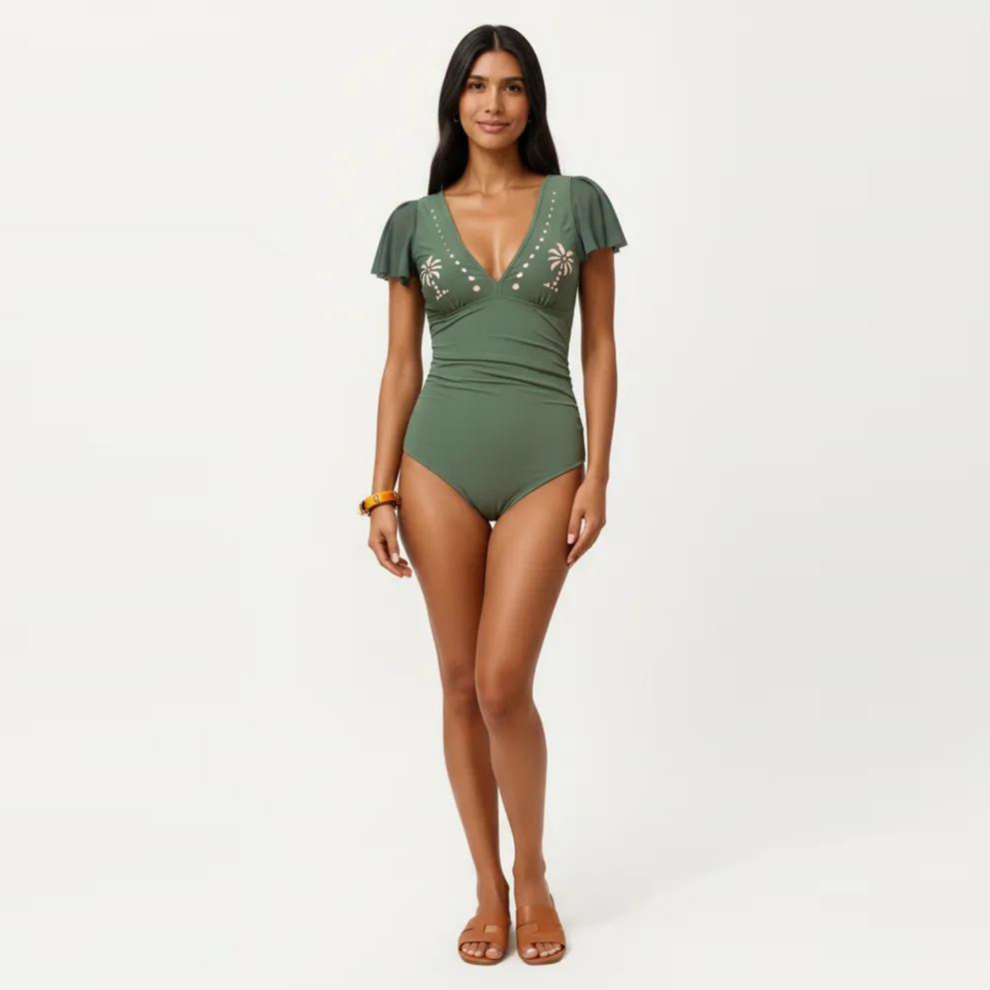 Anna-Kaci Swim Women's One Piece Swimsuit with Flutter Sleeves V Neck Bust Detail and Shaping Silhouette