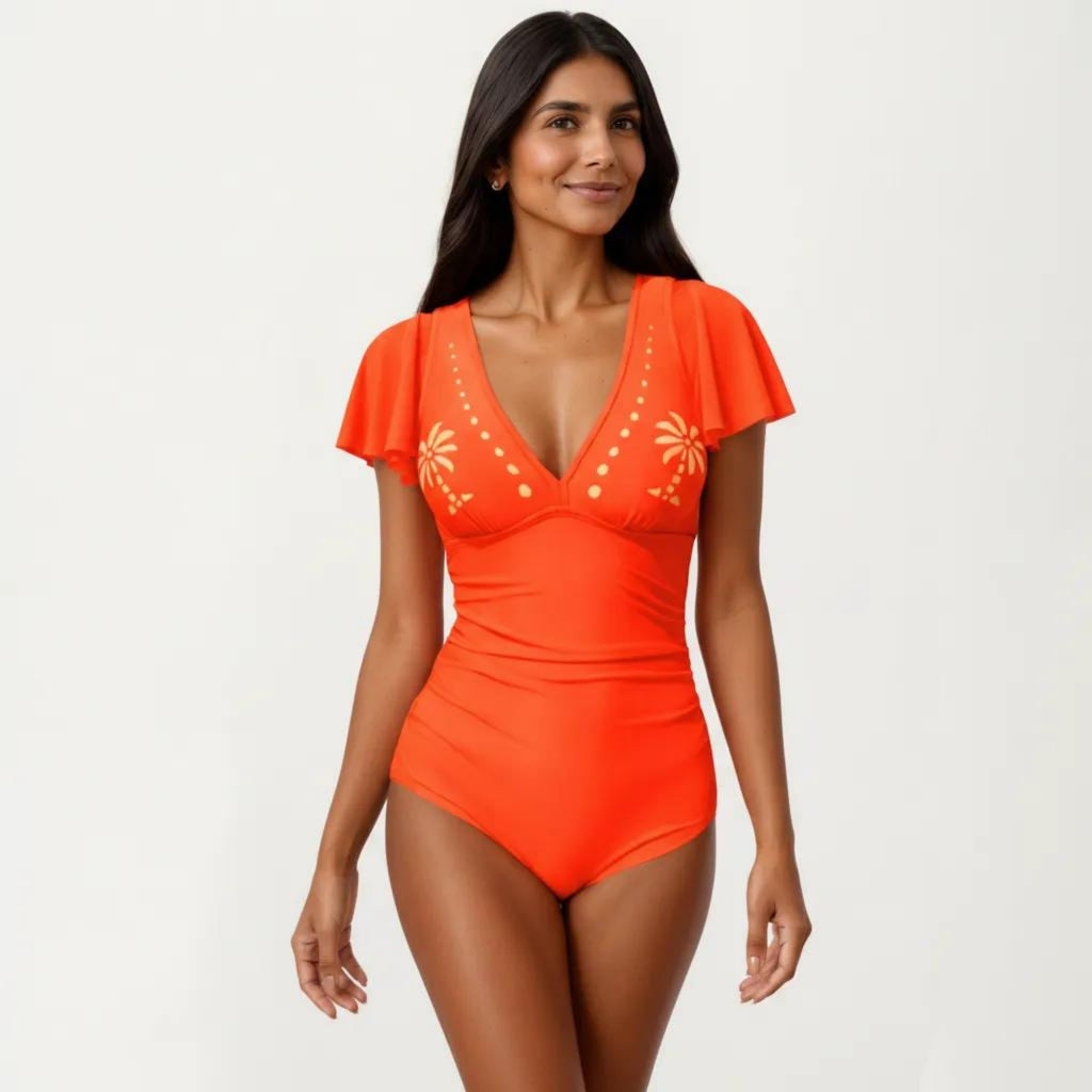 Anna-Kaci Swim Women's One Piece Swimsuit with Flutter Sleeves V Neck Bust Detail and Shaping Silhouette