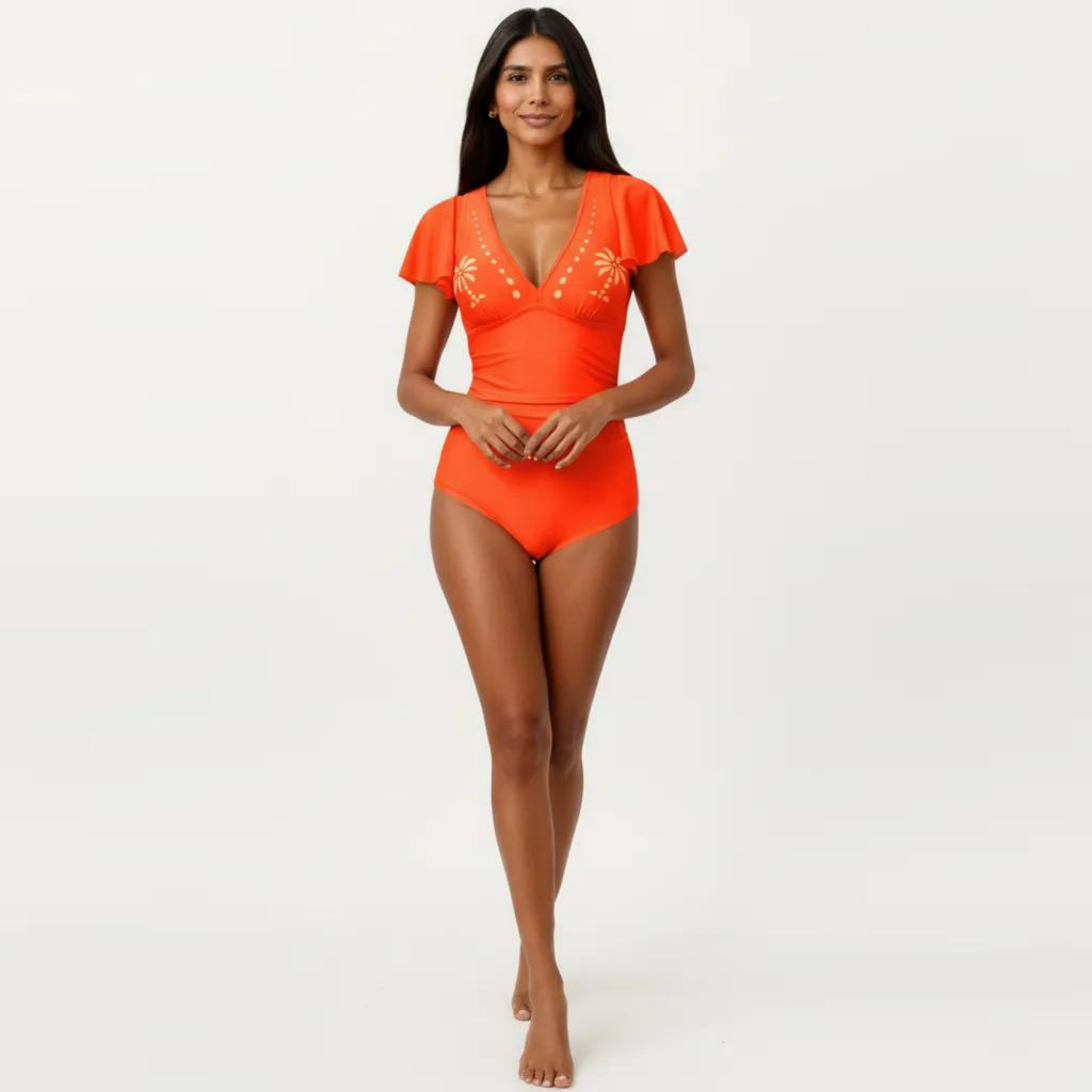 Anna-Kaci Swim Women's One Piece Swimsuit with Flutter Sleeves V Neck Bust Detail and Shaping Silhouette