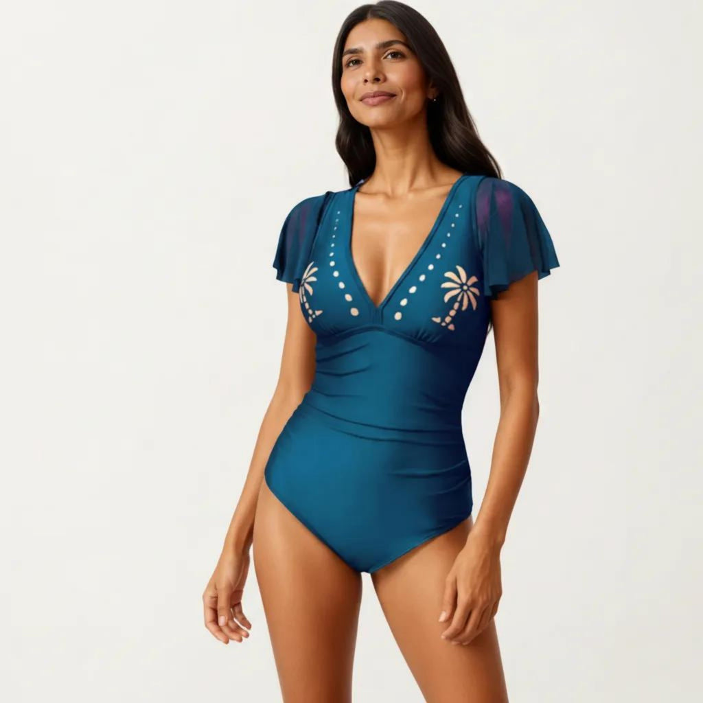 Anna-Kaci Swim Women's One Piece Swimsuit with Flutter Sleeves V Neck Bust Detail and Shaping Silhouette