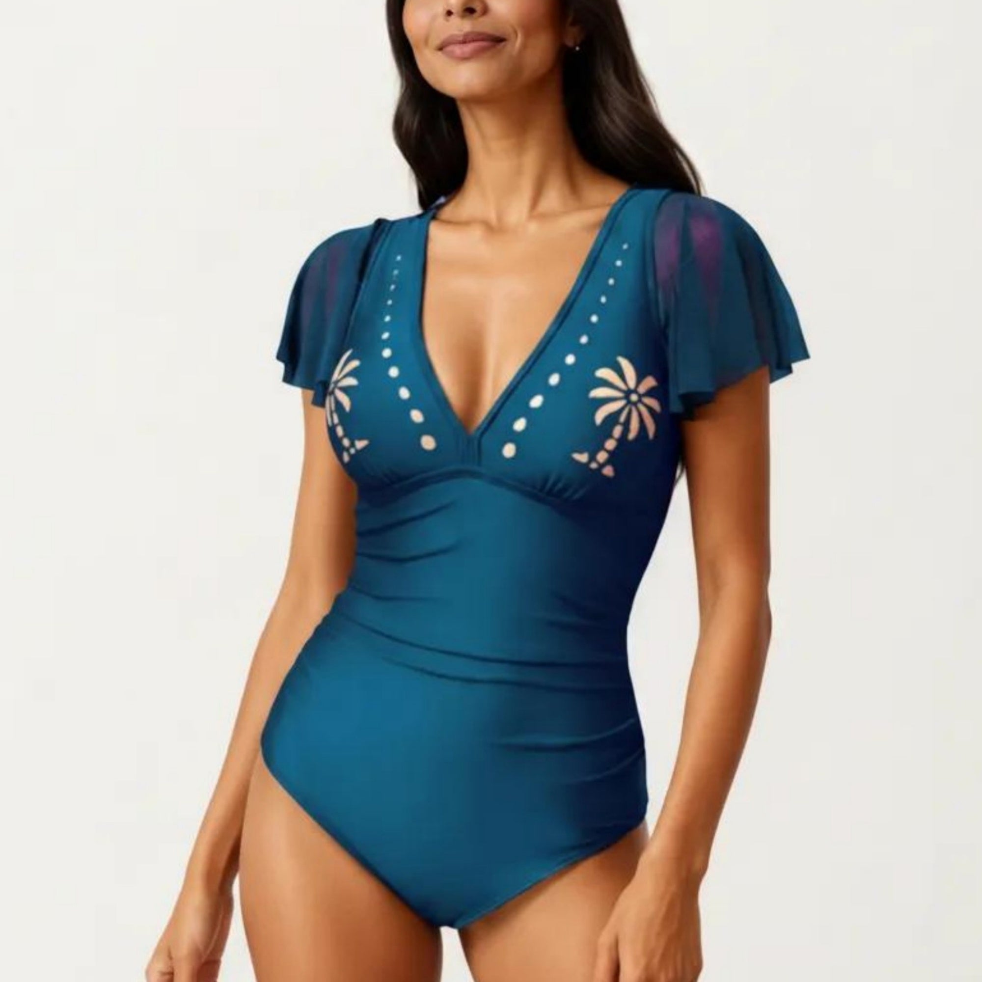 Anna-Kaci Swim Women's One Piece Swimsuit with Flutter Sleeves V Neck Bust Detail and Shaping Silhouette