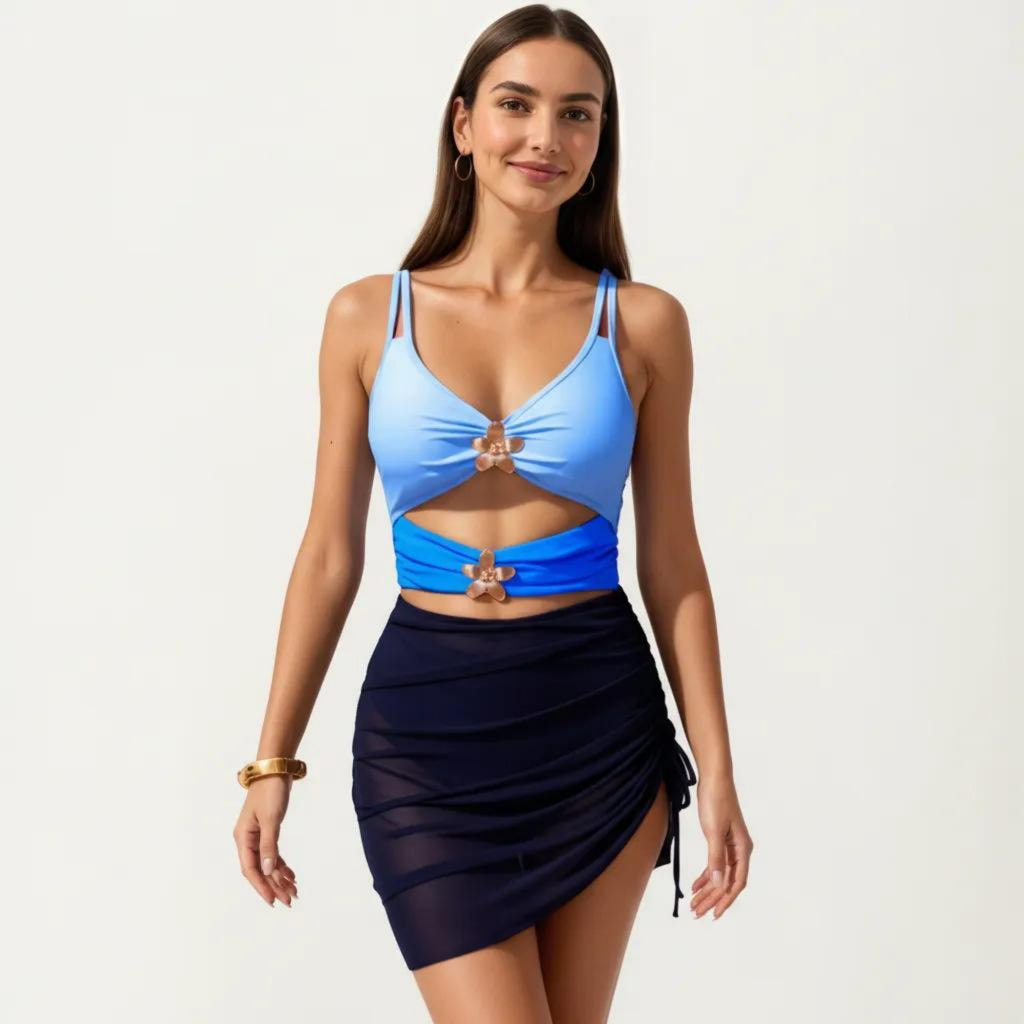 Anna-Kaci Swim Women's One Piece Cutout Swimsuit with Adjustable Straps Decorative Floral Hardware and Ruched Skirt Overlay
