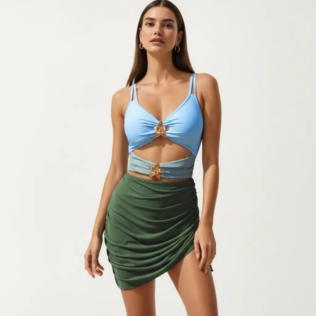 Anna-Kaci Swim Women's One Piece Cutout Swimsuit with Adjustable Straps Decorative Floral Hardware and Ruched Skirt Overlay