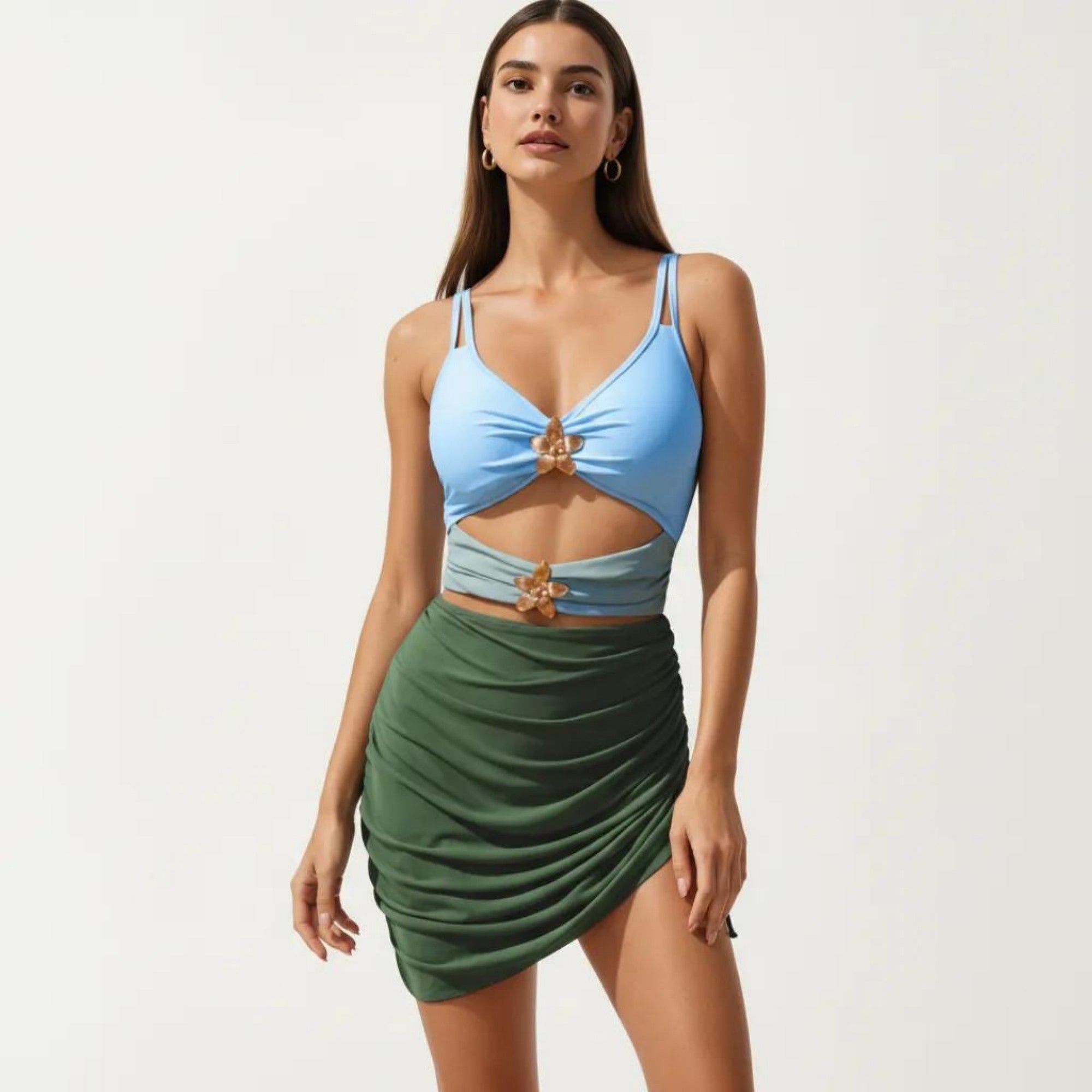 Anna-Kaci Swim Women's One Piece Cutout Swimsuit with Adjustable Straps Decorative Floral Hardware and Ruched Skirt Overlay