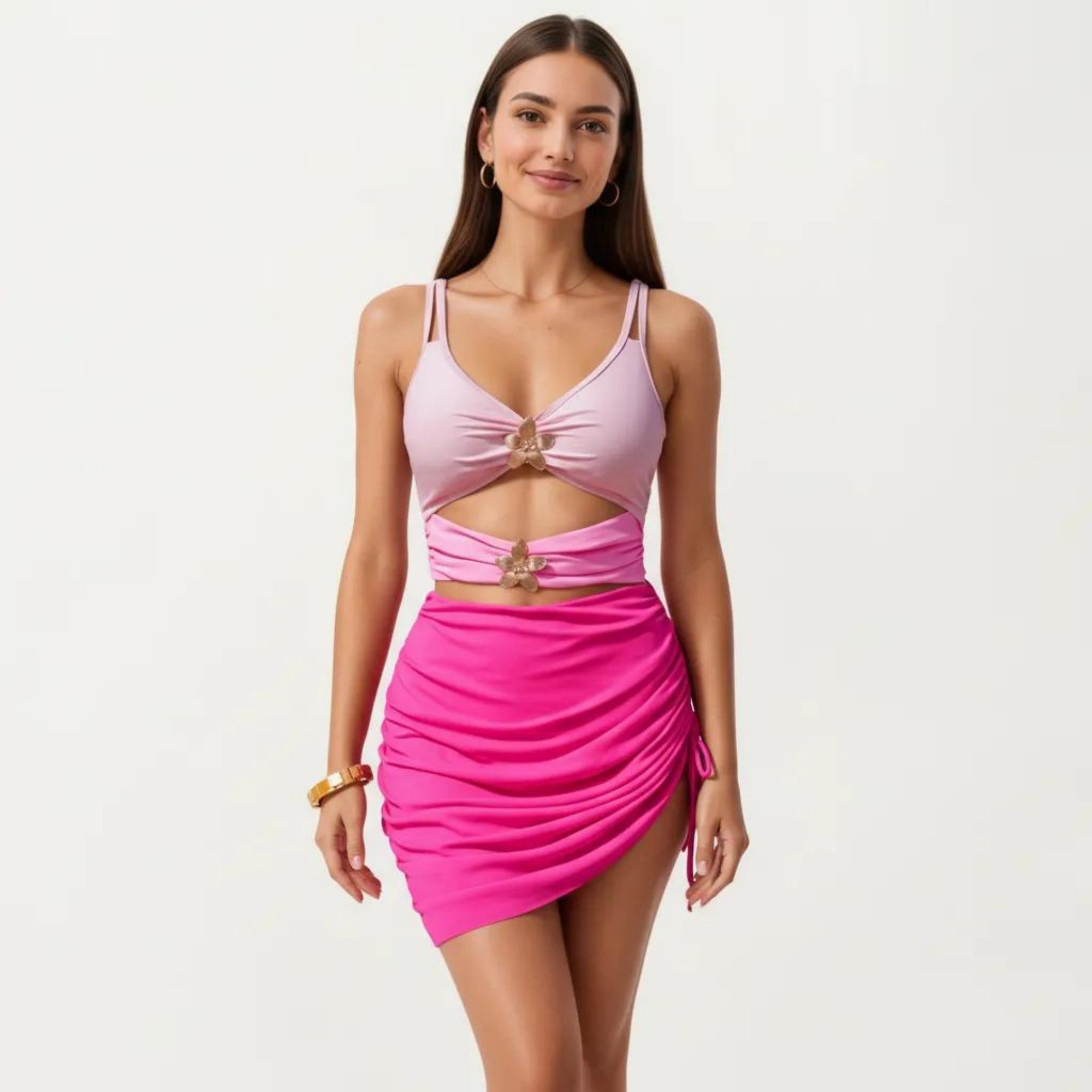 Anna-Kaci Swim Women's One Piece Cutout Swimsuit with Adjustable Straps Decorative Floral Hardware and Ruched Skirt Overlay