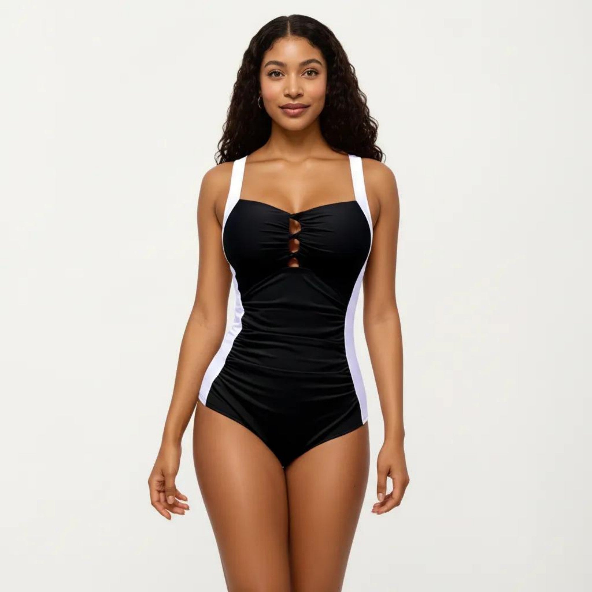 Anna-Kaci Swim Women's One Piece Swimsuit with Triple Keyhole Bust Detail Contrast Side Panels and Wide Straps