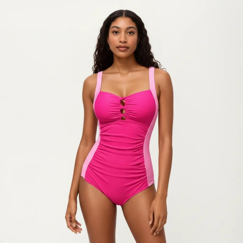 Anna-Kaci Swim Women's One Piece Swimsuit with Triple Keyhole Bust Detail Contrast Side Panels and Wide Straps