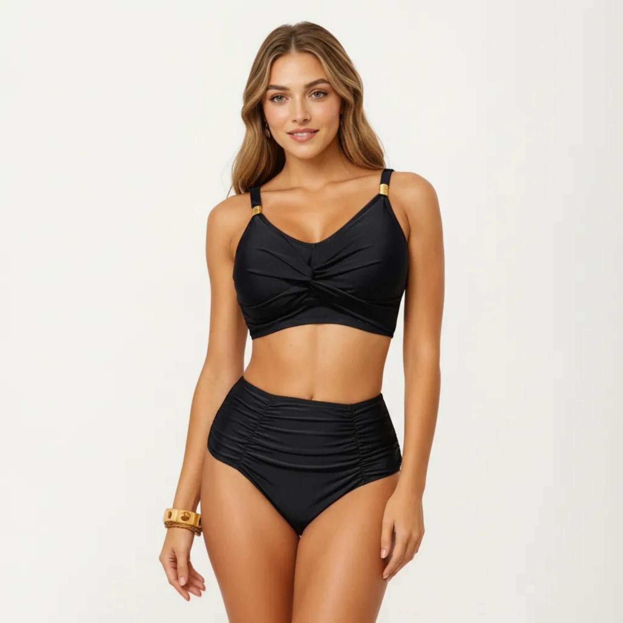 Anna-Kaci Swim Women's 2-Piece Bikini Set with Twist Front Bralette Top Adjustable Straps and Ruched High Rise Bottom