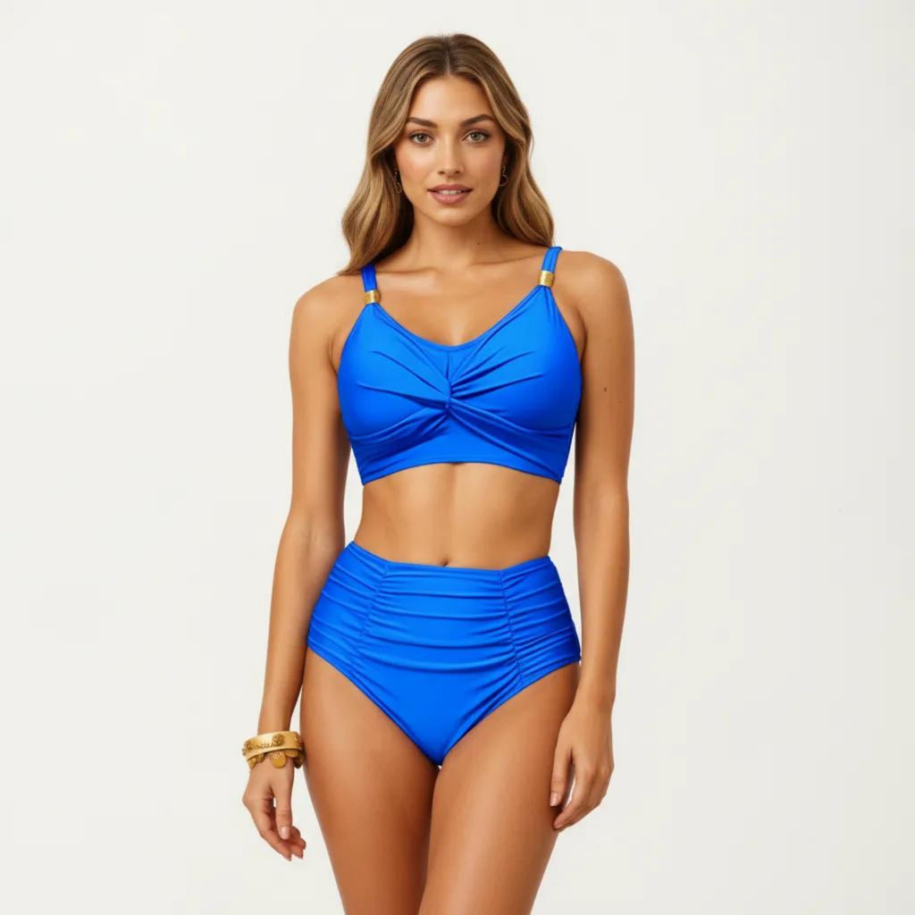 Anna-Kaci Swim Women's 2-Piece Bikini Set with Twist Front Bralette Top Adjustable Straps and Ruched High Rise Bottom