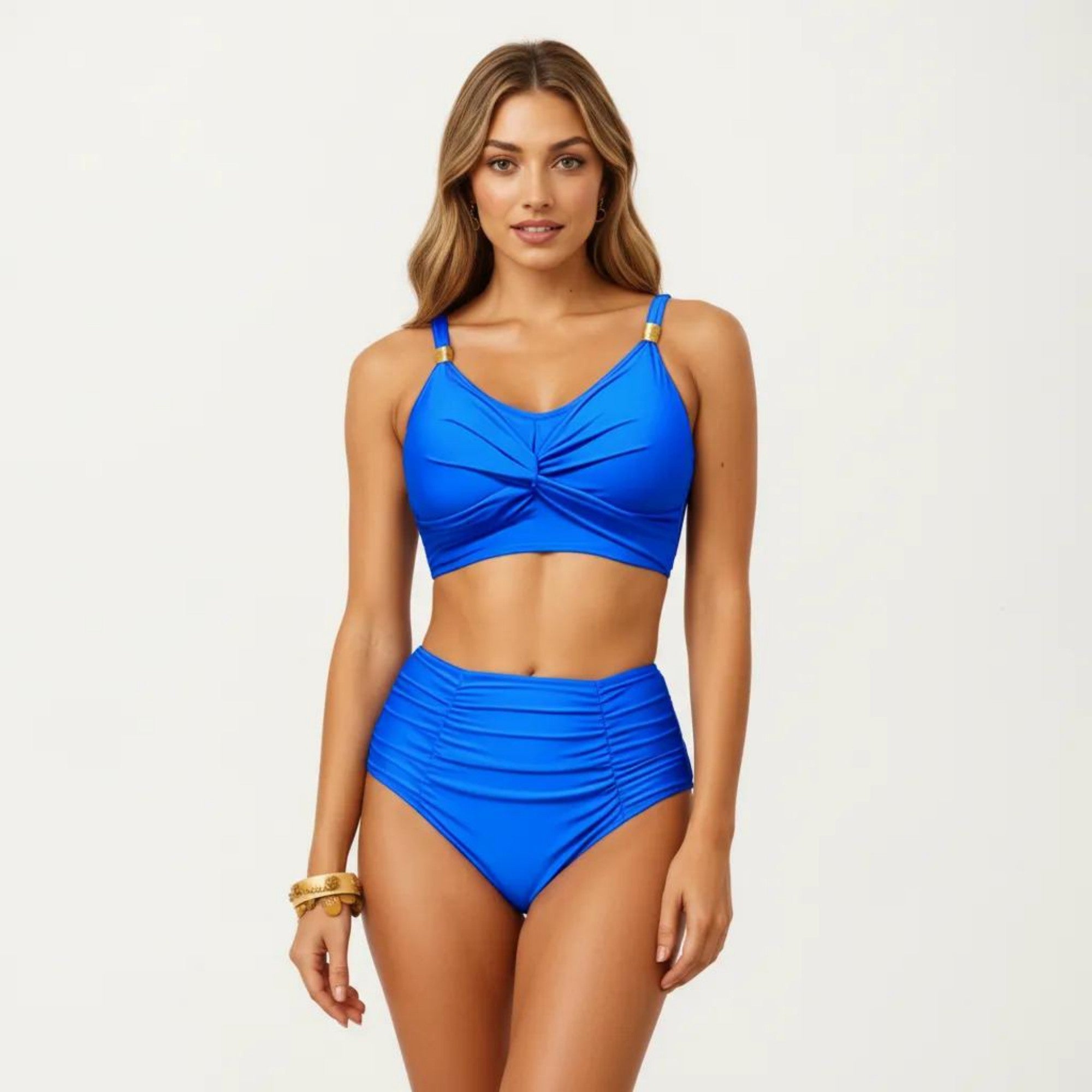 Anna-Kaci Swim Women's 2-Piece Bikini Set with Twist Front Bralette Top Adjustable Straps and Ruched High Rise Bottom