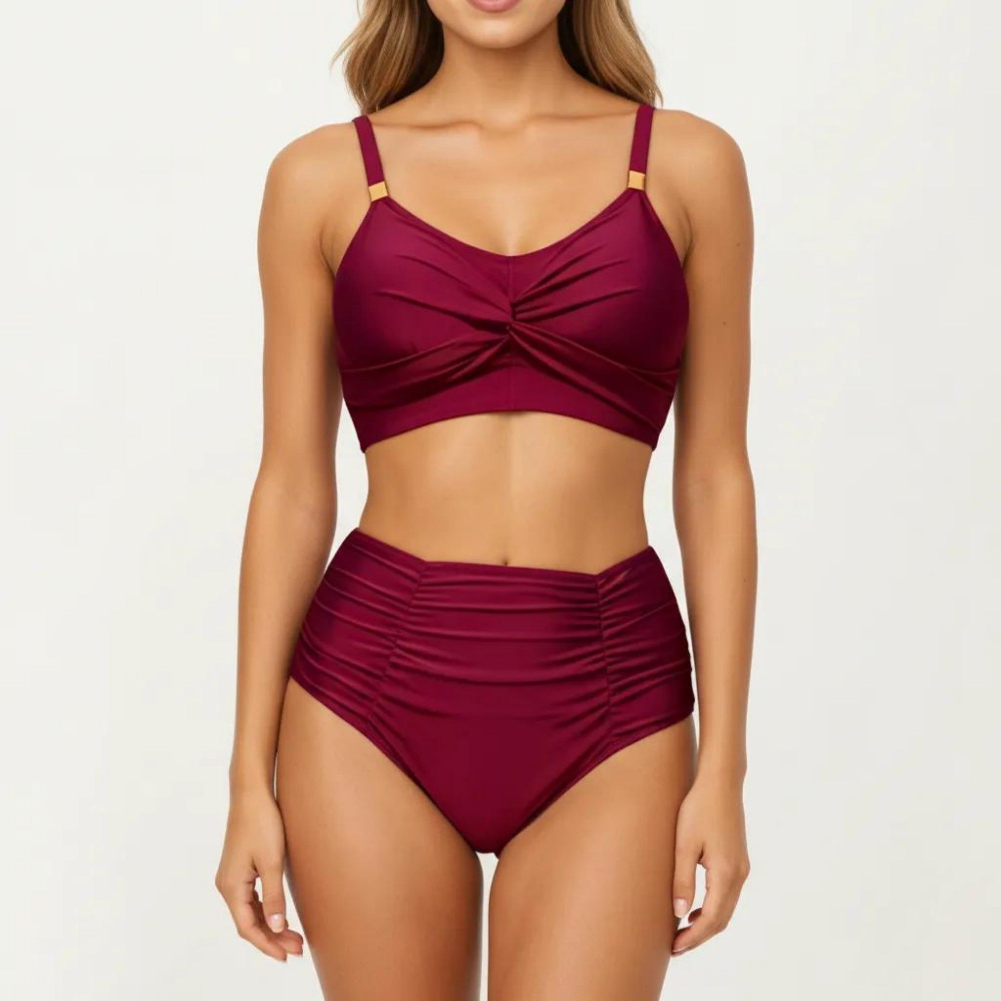 Anna-Kaci Swim Women's 2-Piece Bikini Set with Twist Front Bralette Top Adjustable Straps and Ruched High Rise Bottom