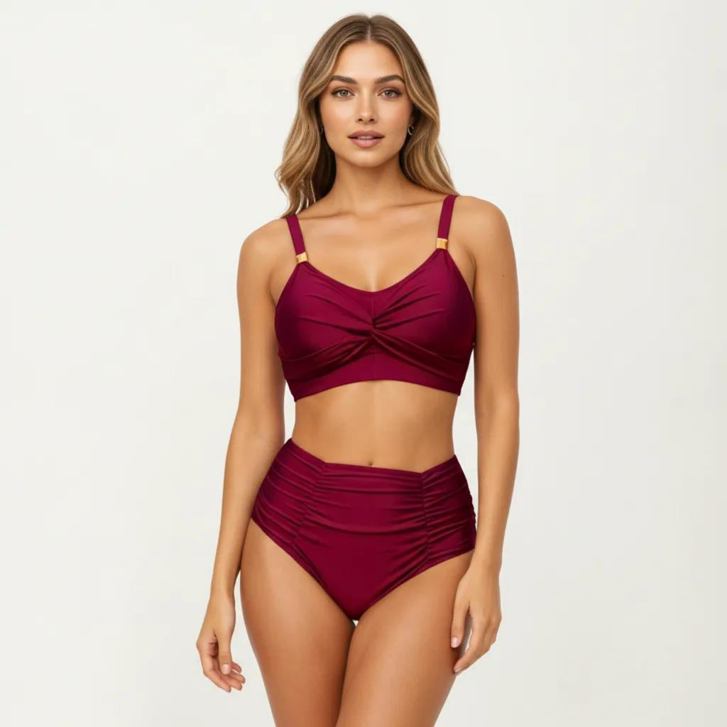 Anna-Kaci Swim Women's 2-Piece Bikini Set with Twist Front Bralette Top Adjustable Straps and Ruched High Rise Bottom