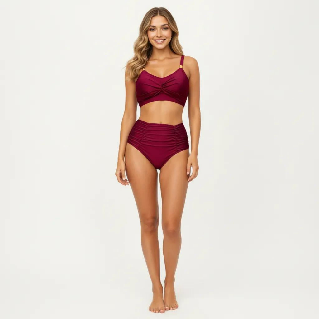 Anna-Kaci Swim Women's 2-Piece Bikini Set with Twist Front Bralette Top Adjustable Straps and Ruched High Rise Bottom