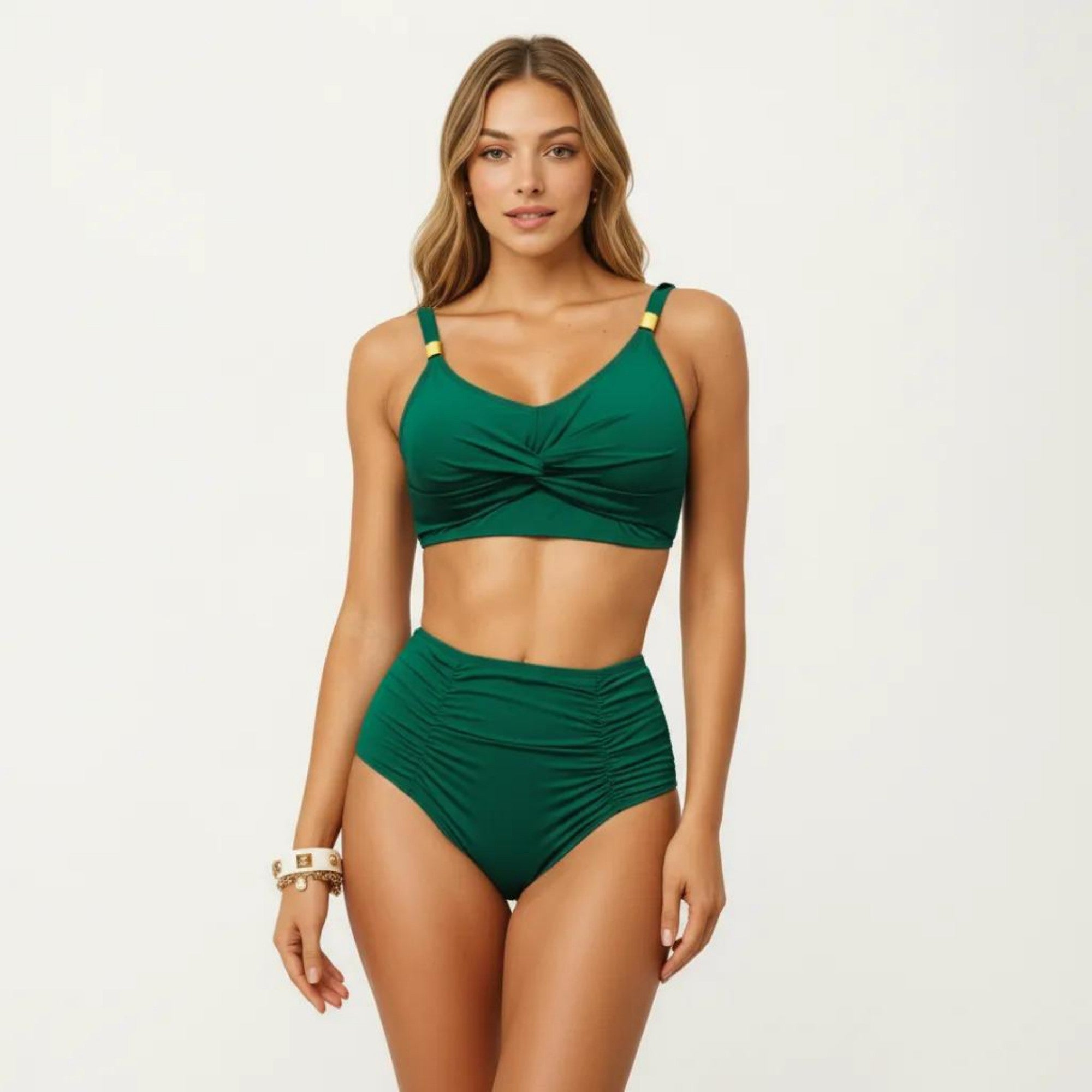 Anna-Kaci Swim Women's 2-Piece Bikini Set with Twist Front Bralette Top Adjustable Straps and Ruched High Rise Bottom
