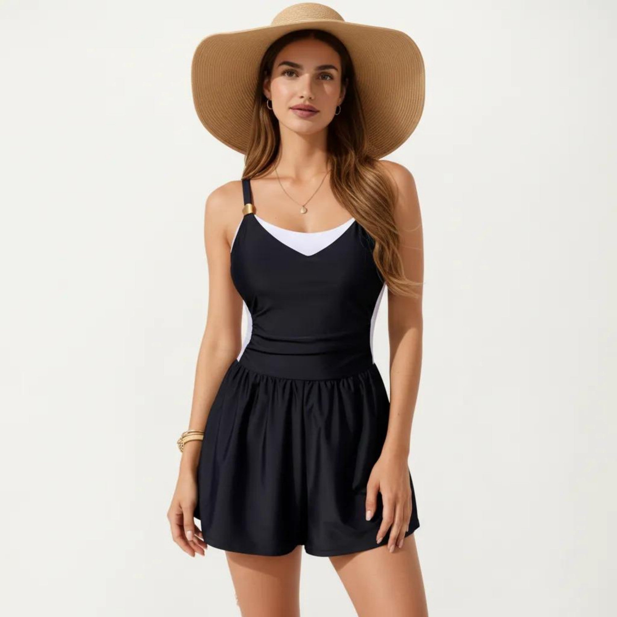 Anna-Kaci Swim Women's One Piece Swim Romper with Contrast Neckline Adjustable Straps and Flowy Short Bottom