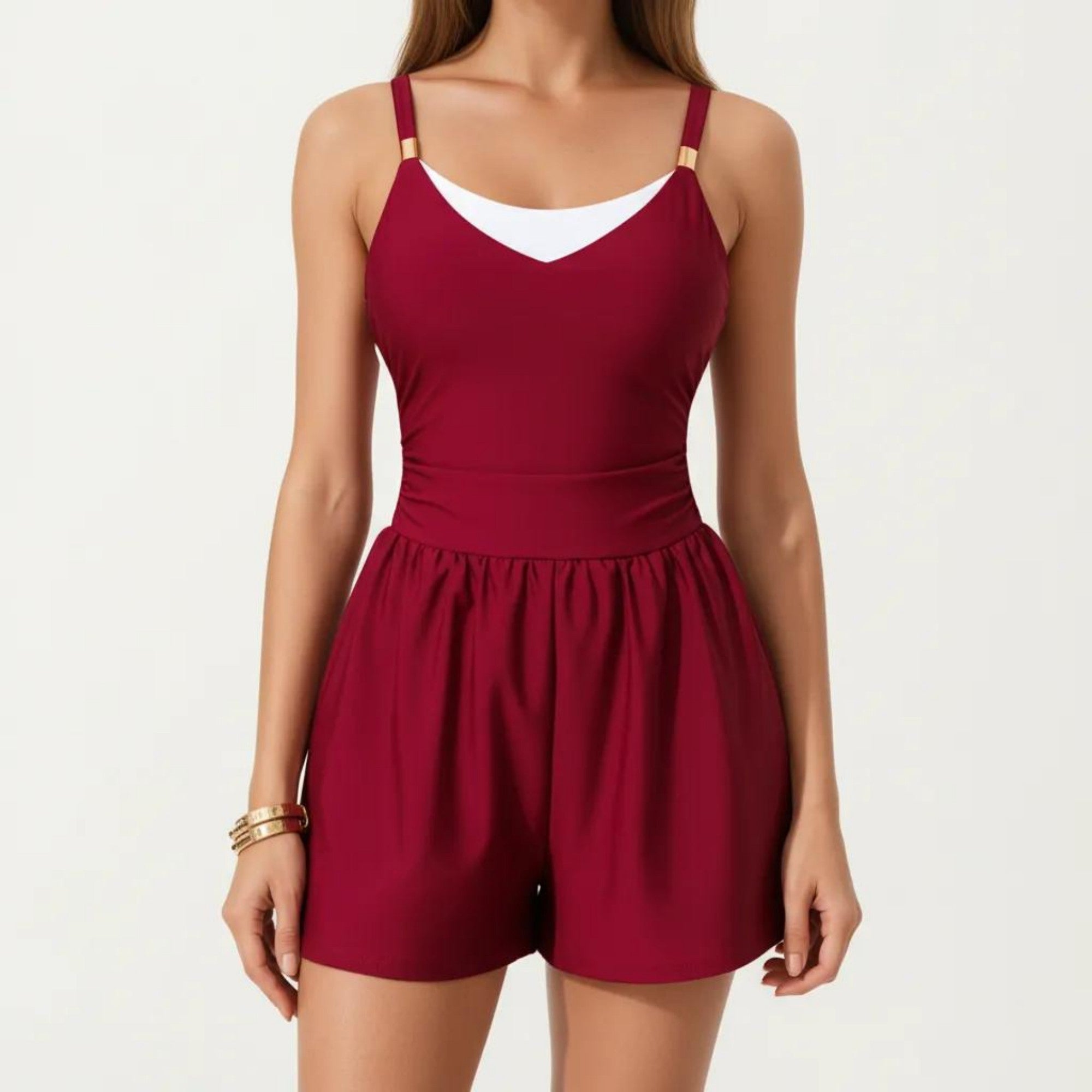 Anna-Kaci Swim Women's One Piece Swim Romper with Contrast Neckline Adjustable Straps and Flowy Short Bottom