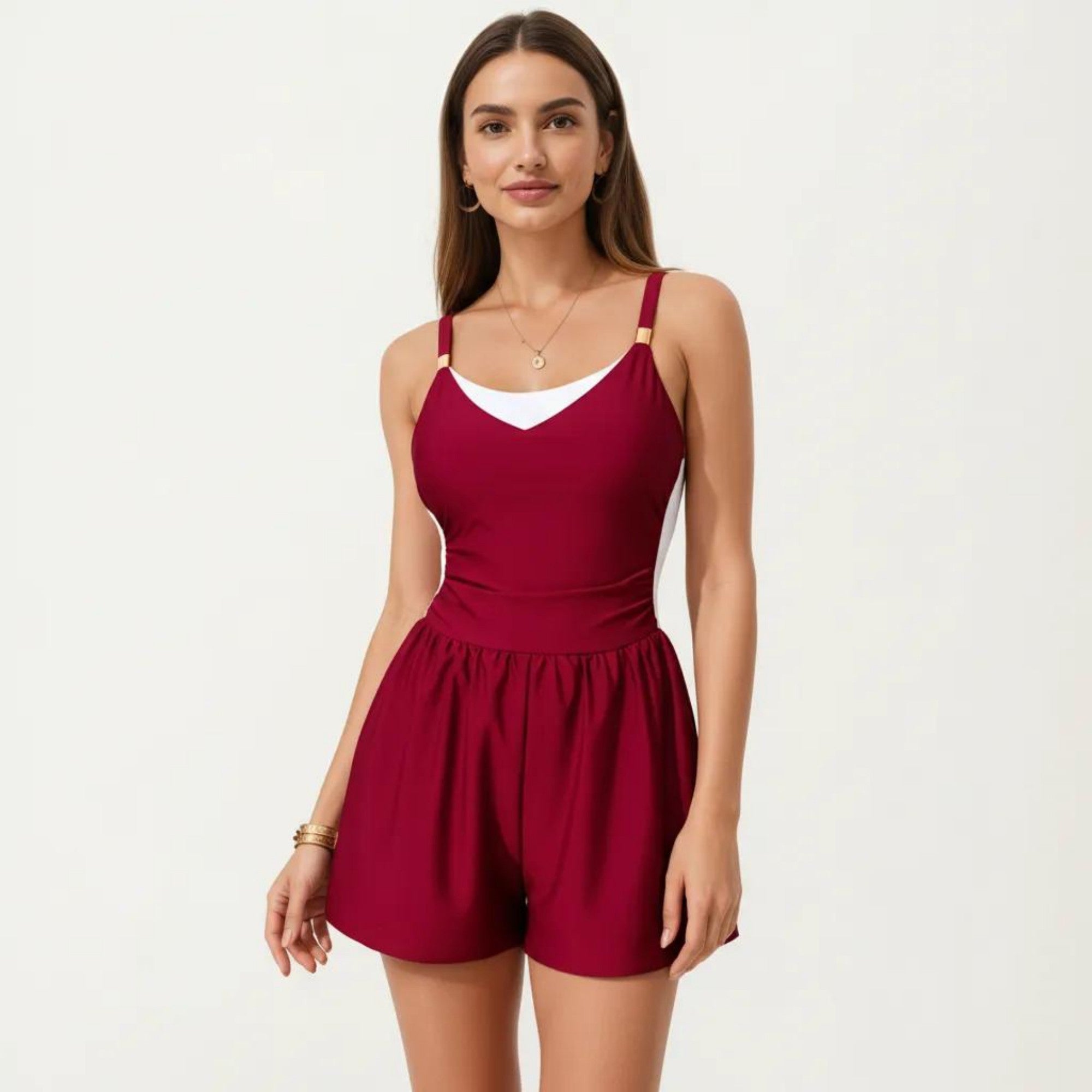 Anna-Kaci Swim Women's One Piece Swim Romper with Contrast Neckline Adjustable Straps and Flowy Short Bottom