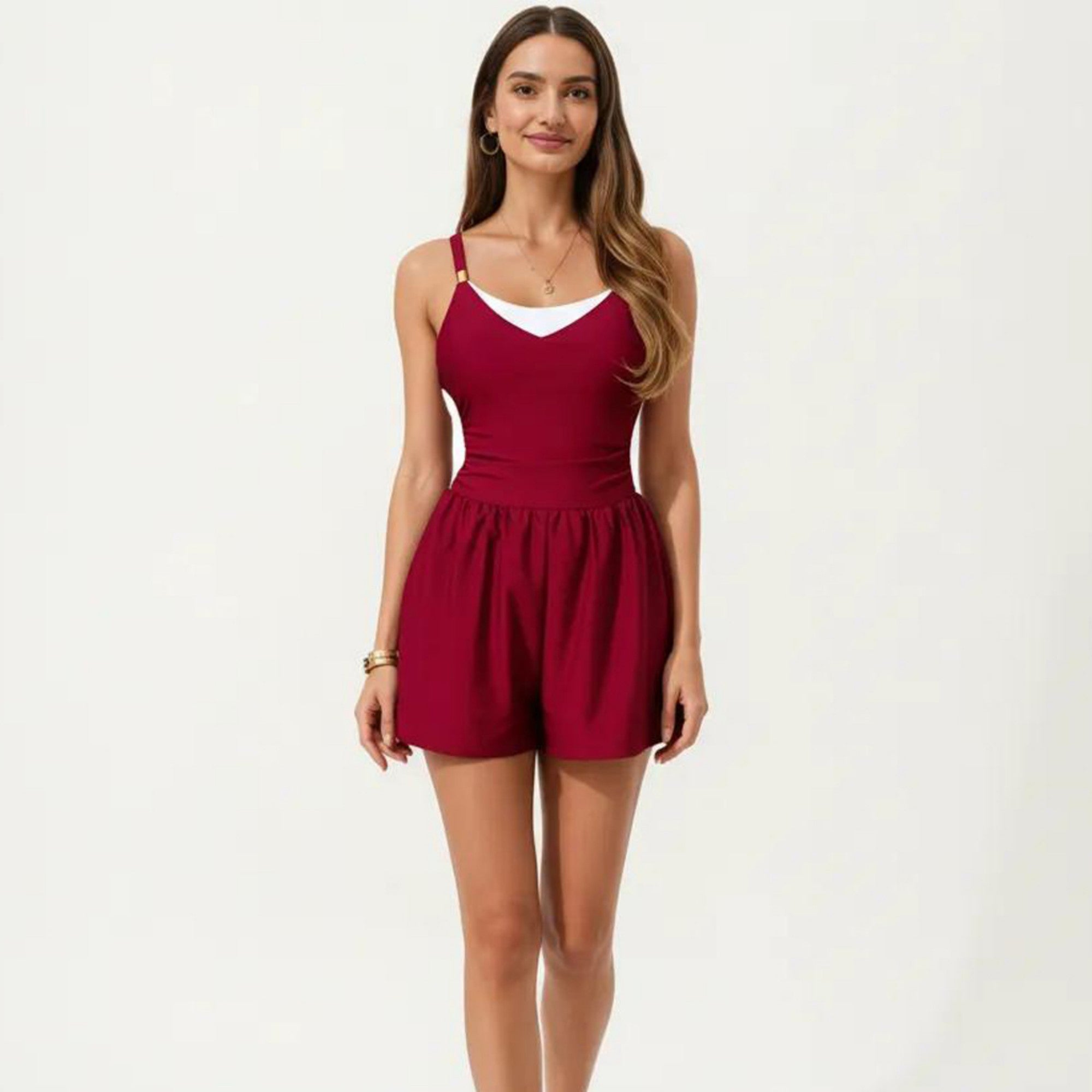 Anna-Kaci Swim Women's One Piece Swim Romper with Contrast Neckline Adjustable Straps and Flowy Short Bottom