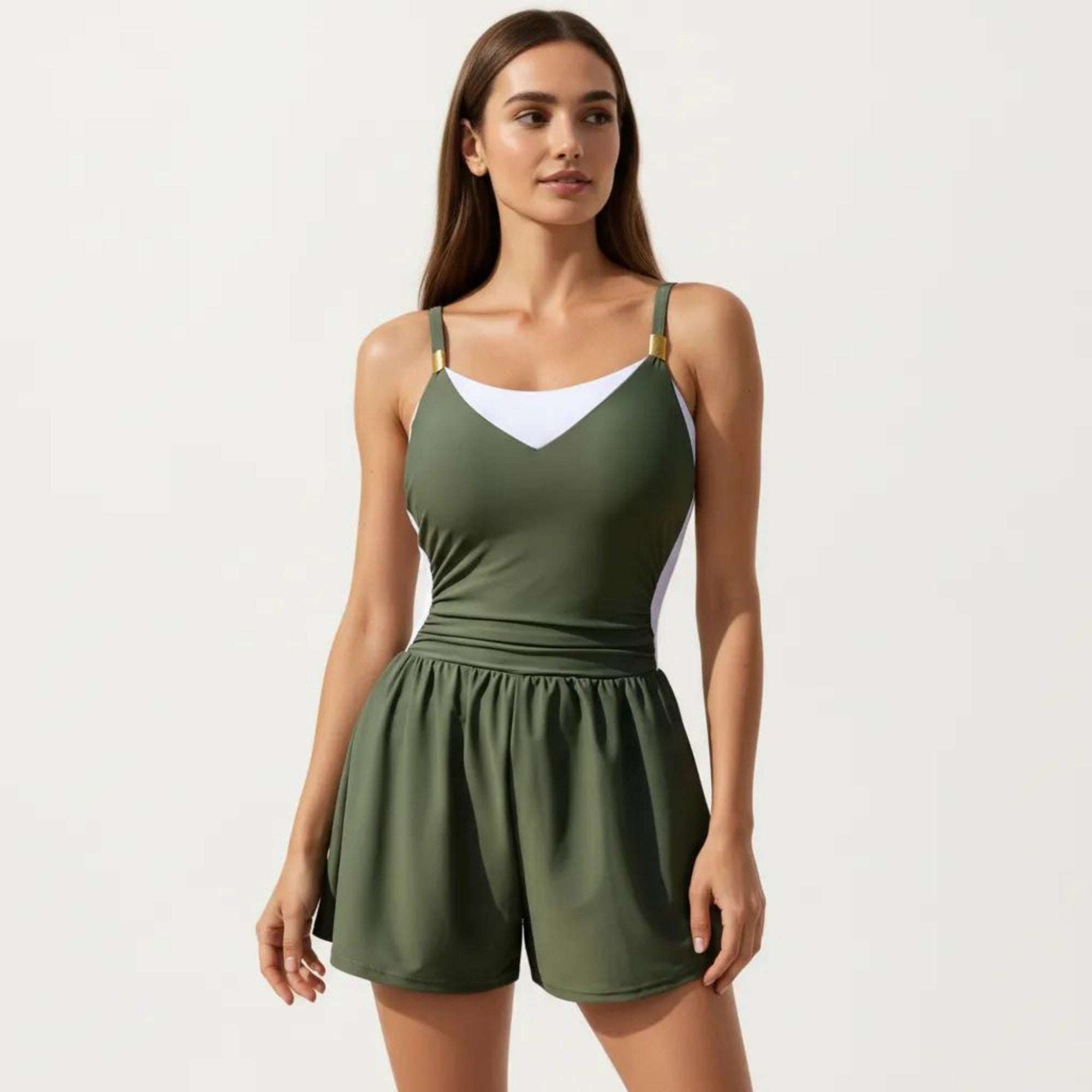 Anna-Kaci Swim Women's One Piece Swim Romper with Contrast Neckline Adjustable Straps and Flowy Short Bottom
