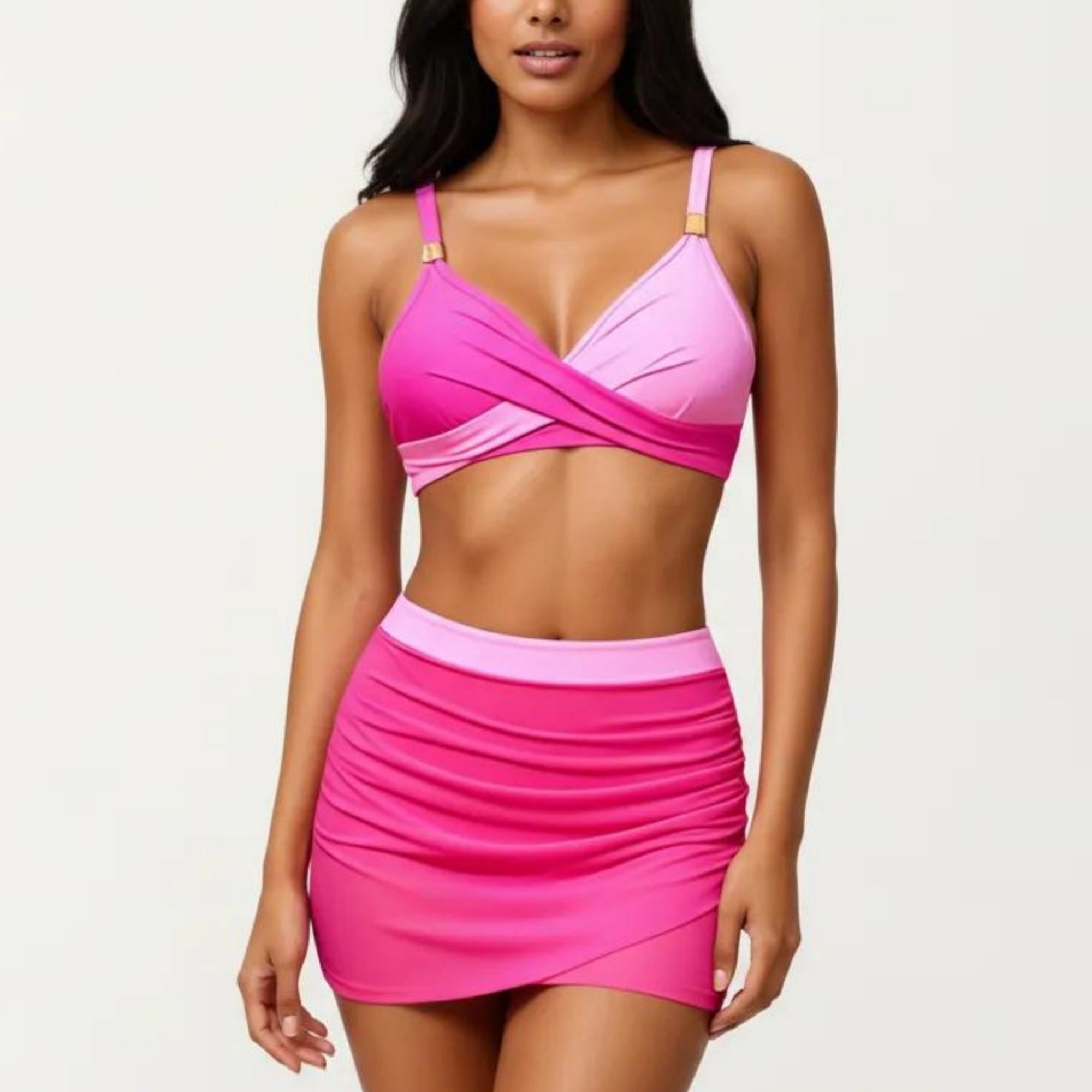 Anna-Kaci Swim Women's 2-Piece Swim Set with Crisscross Bralette Top Adjustable Straps and Ruched Skirted Bottom