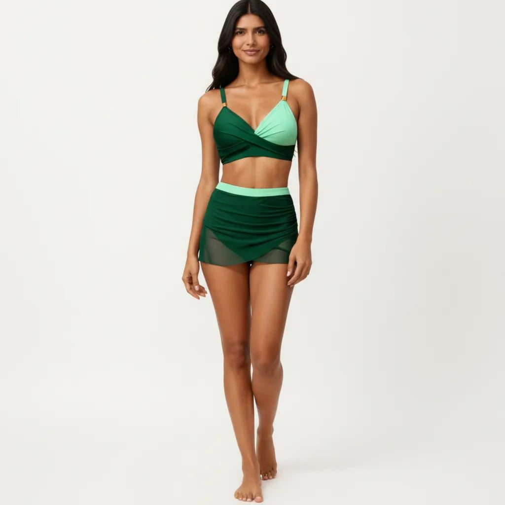 Anna-Kaci Swim Women's 2-Piece Swim Set with Crisscross Bralette Top Adjustable Straps and Ruched Skirted Bottom