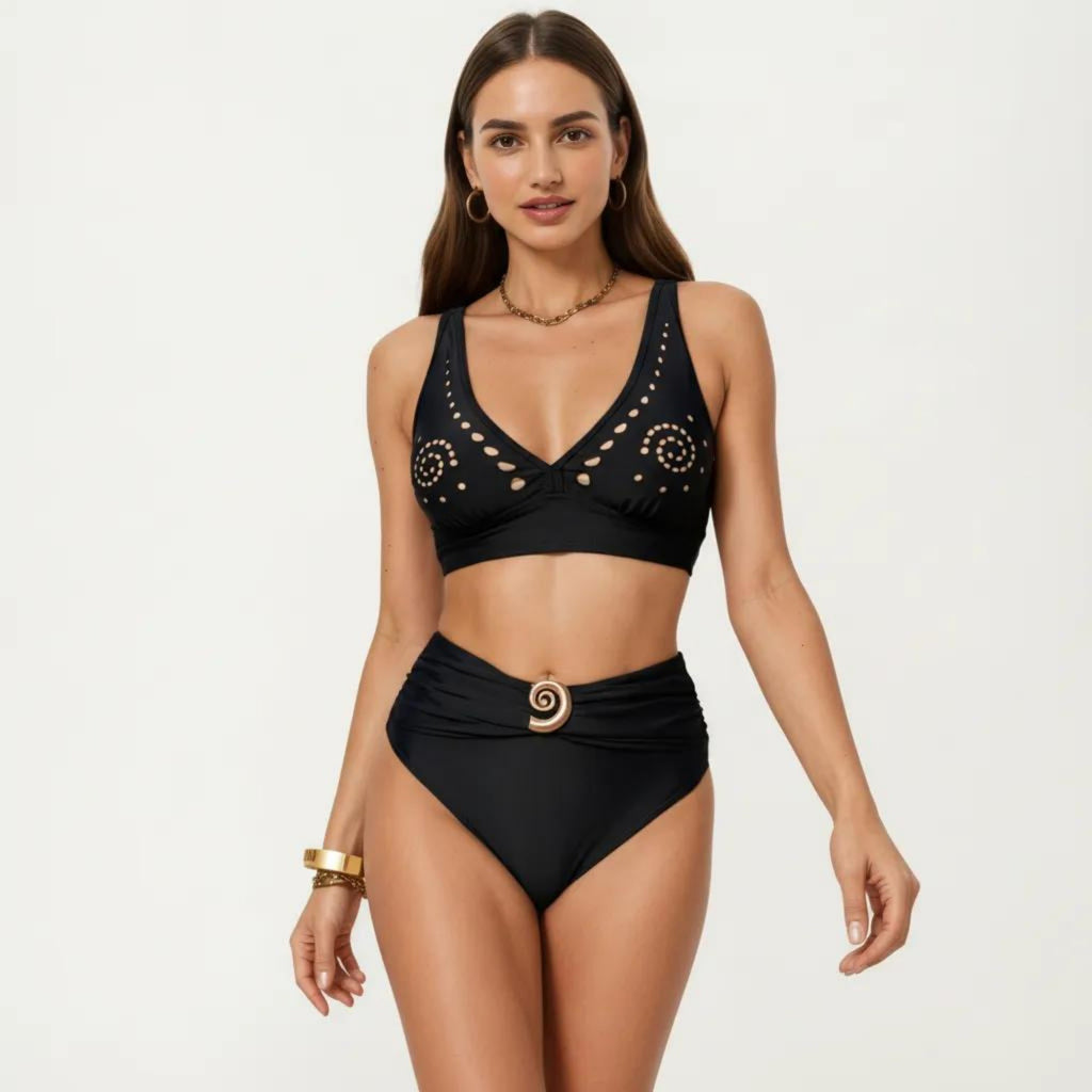 Anna-Kaci Swim Women's 2-Piece Bikini Set with Decorative Stud Bralette Top and High Rise Bottom with Center Hardware