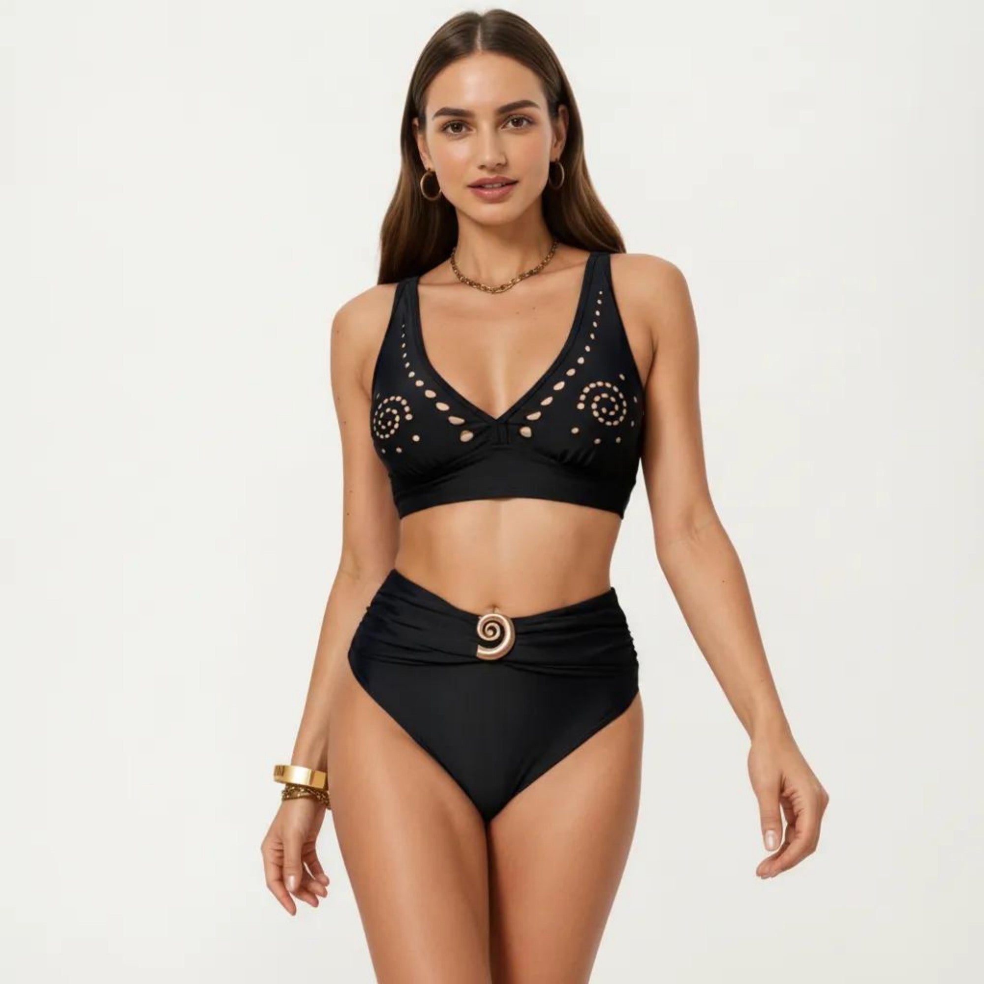 Anna-Kaci Swim Women's 2-Piece Bikini Set with Decorative Stud Bralette Top and High Rise Bottom with Center Hardware