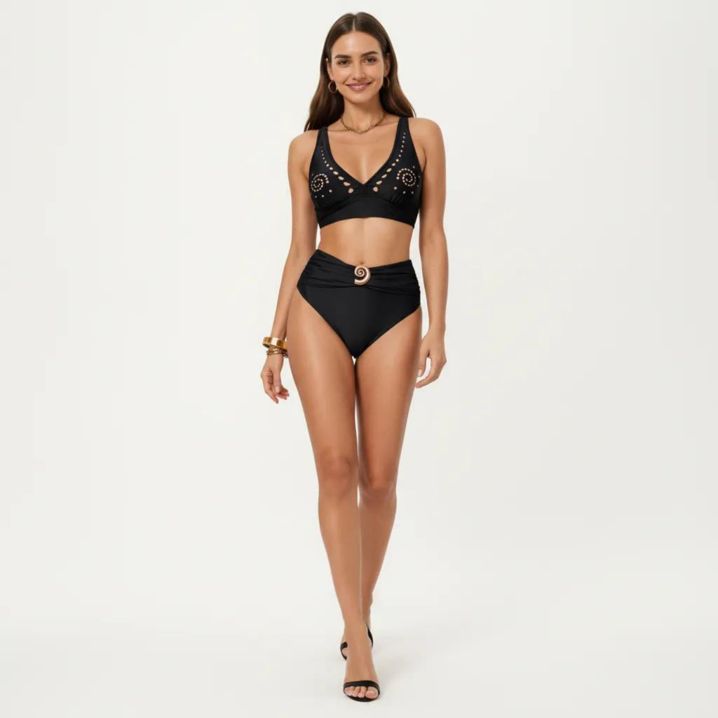 Anna-Kaci Swim Women's 2-Piece Bikini Set with Decorative Stud Bralette Top and High Rise Bottom with Center Hardware