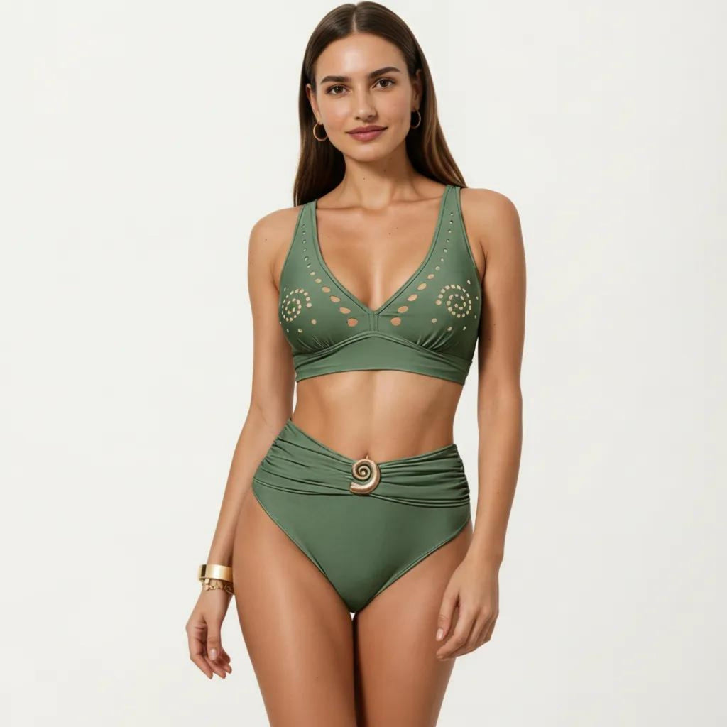 Anna-Kaci Swim Women's 2-Piece Bikini Set with Decorative Stud Bralette Top and High Rise Bottom with Center Hardware