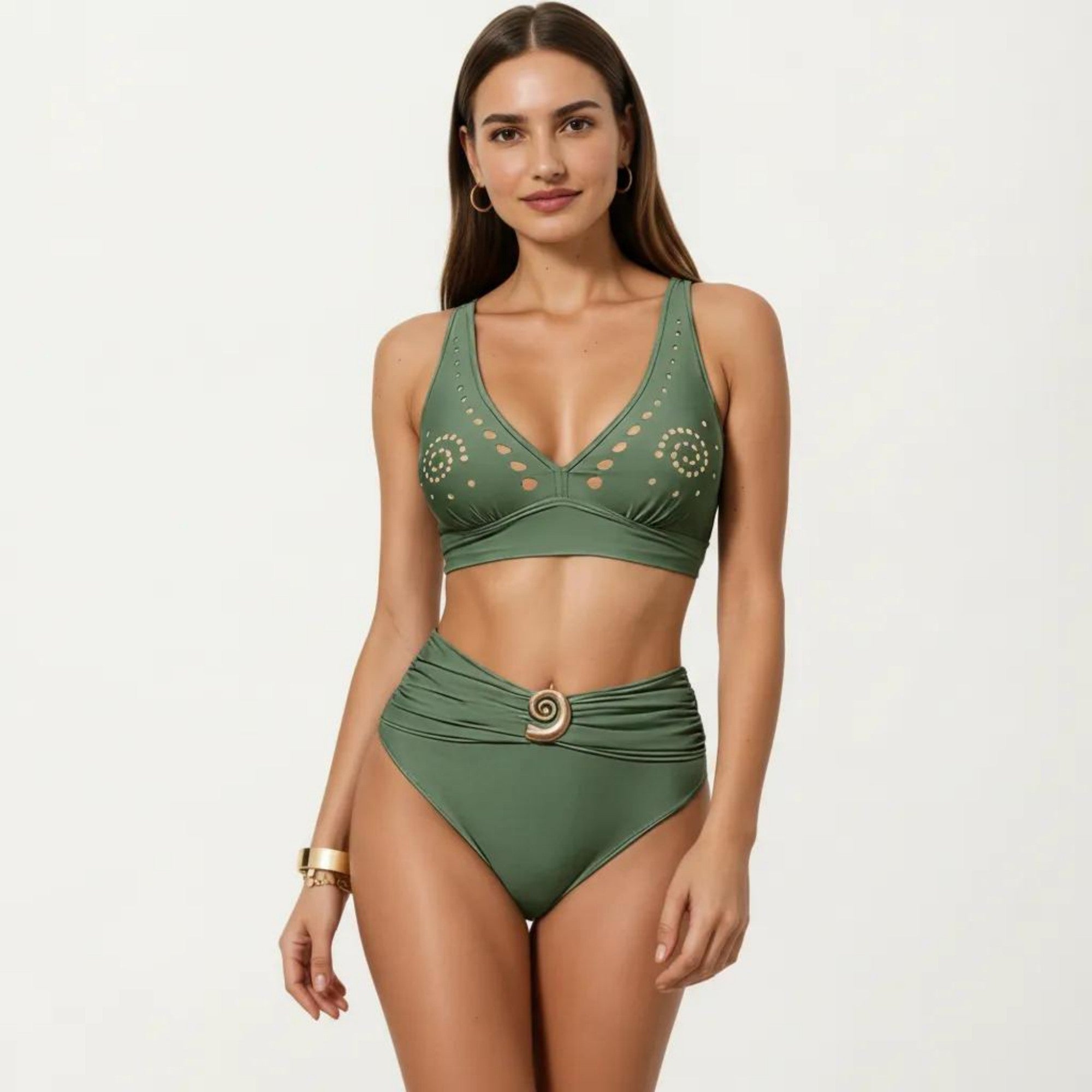 Anna-Kaci Swim Women's 2-Piece Bikini Set with Decorative Stud Bralette Top and High Rise Bottom with Center Hardware