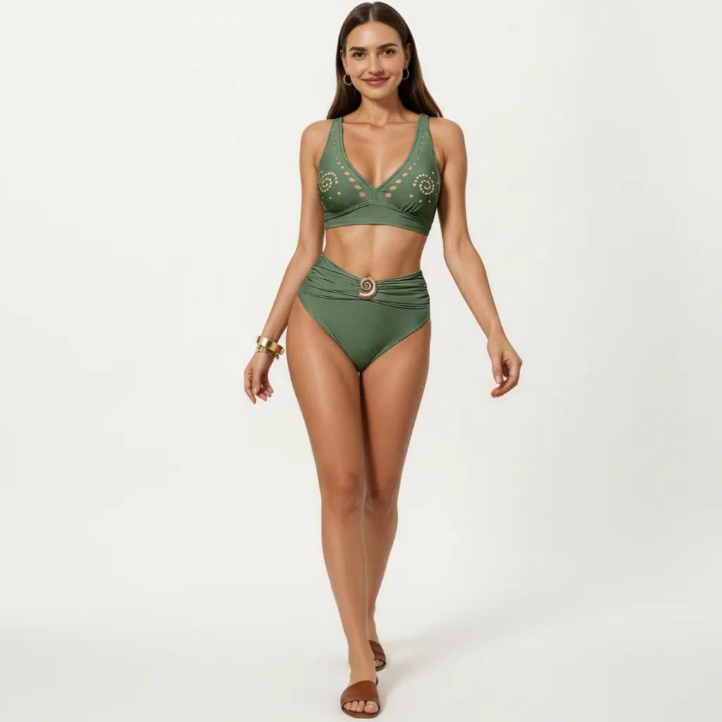 Anna-Kaci Swim Women's 2-Piece Bikini Set with Decorative Stud Bralette Top and High Rise Bottom with Center Hardware