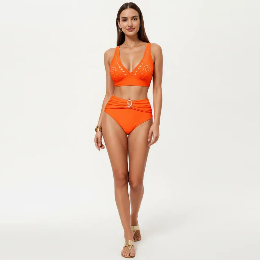 Anna-Kaci Swim Women's 2-Piece Bikini Set with Decorative Stud Bralette Top and High Rise Bottom with Center Hardware