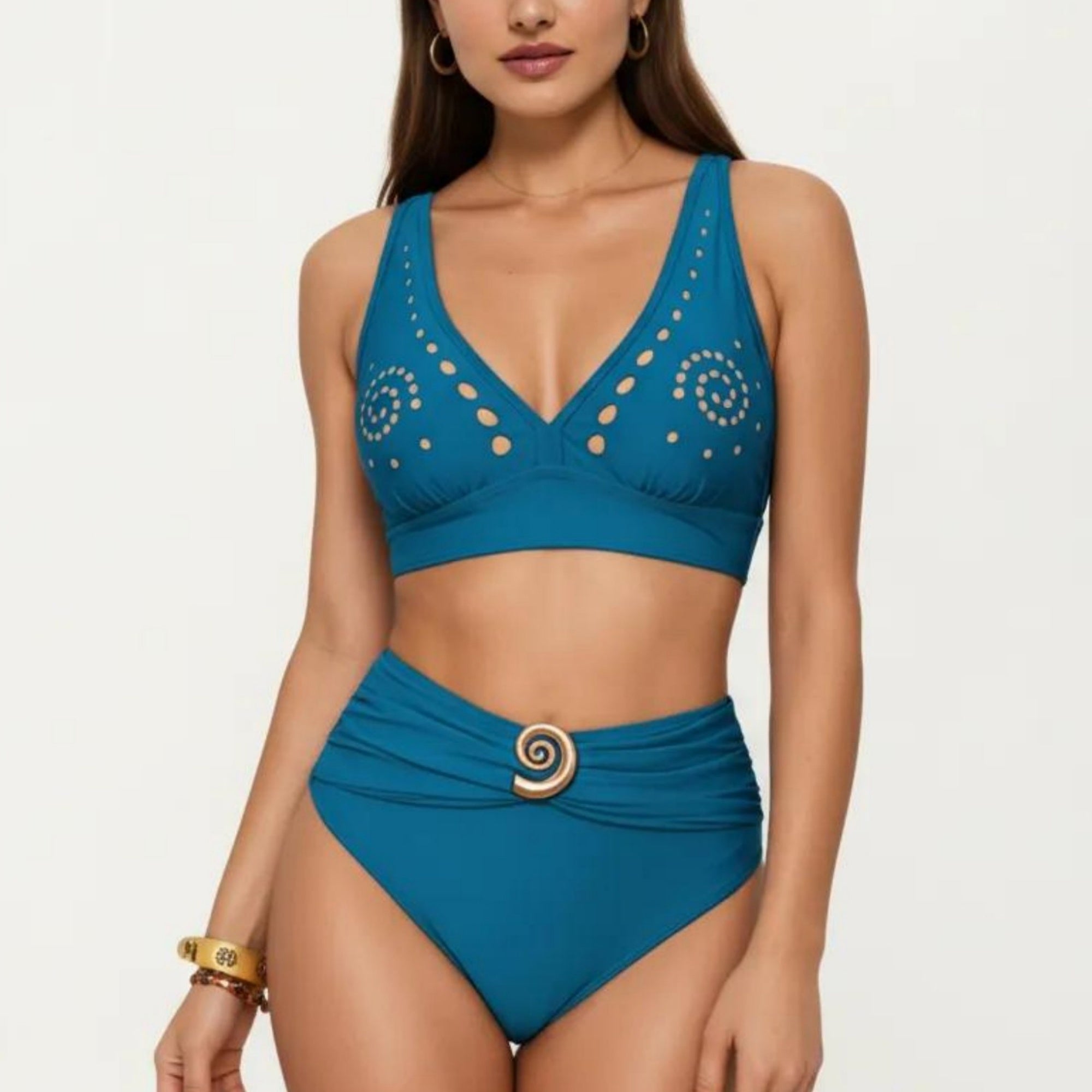 Anna-Kaci Swim Women's 2-Piece Bikini Set with Decorative Stud Bralette Top and High Rise Bottom with Center Hardware