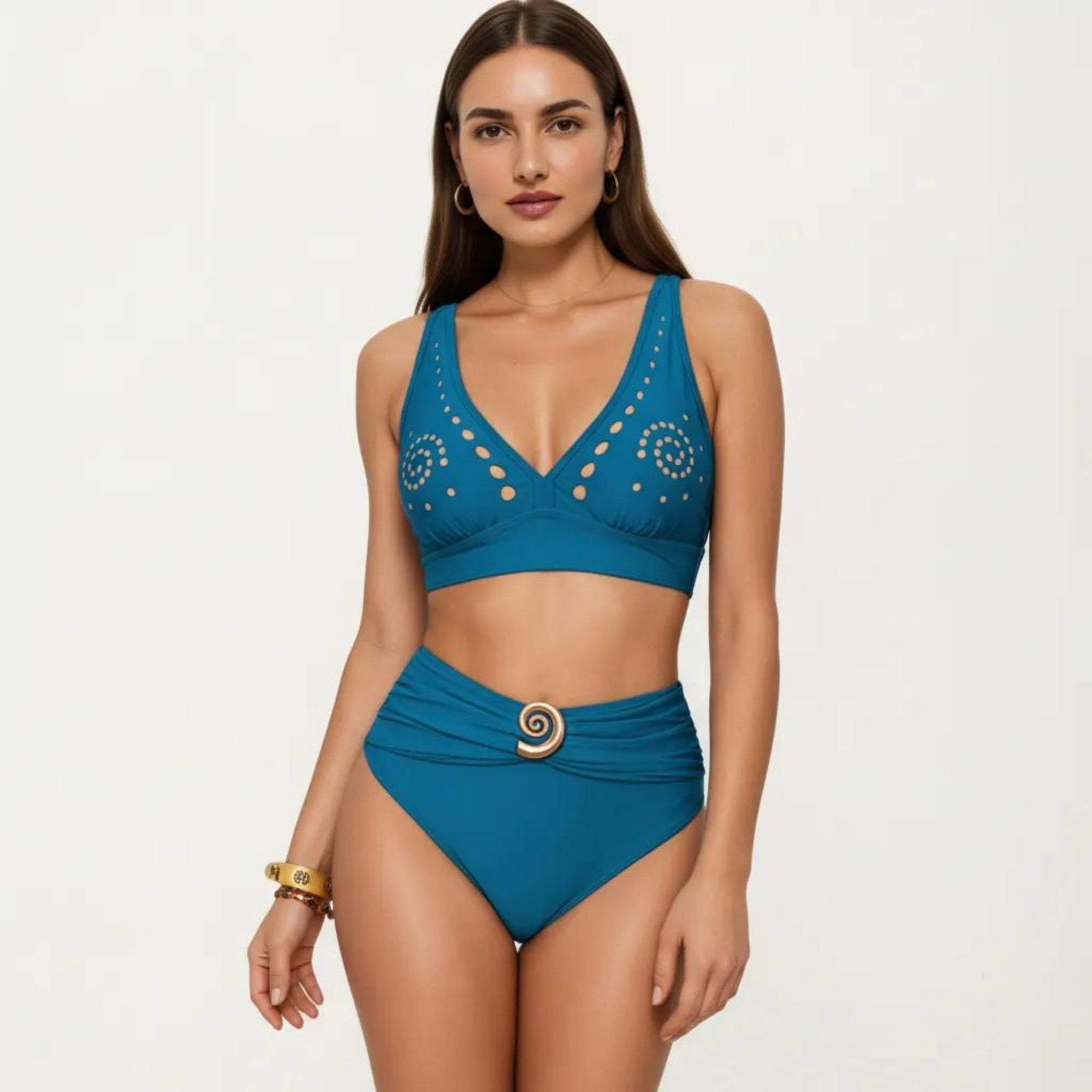 Anna-Kaci Swim Women's 2-Piece Bikini Set with Decorative Stud Bralette Top and High Rise Bottom with Center Hardware
