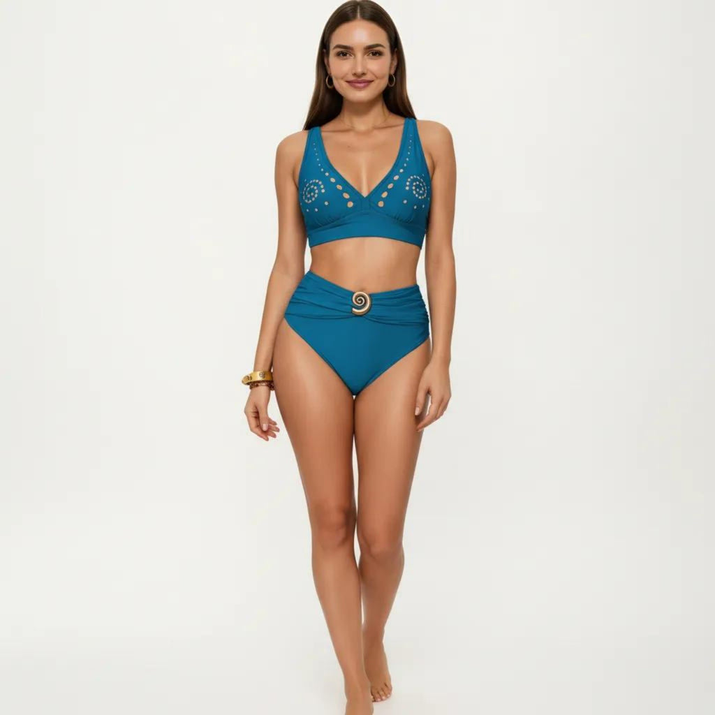 Anna-Kaci Swim Women's 2-Piece Bikini Set with Decorative Stud Bralette Top and High Rise Bottom with Center Hardware