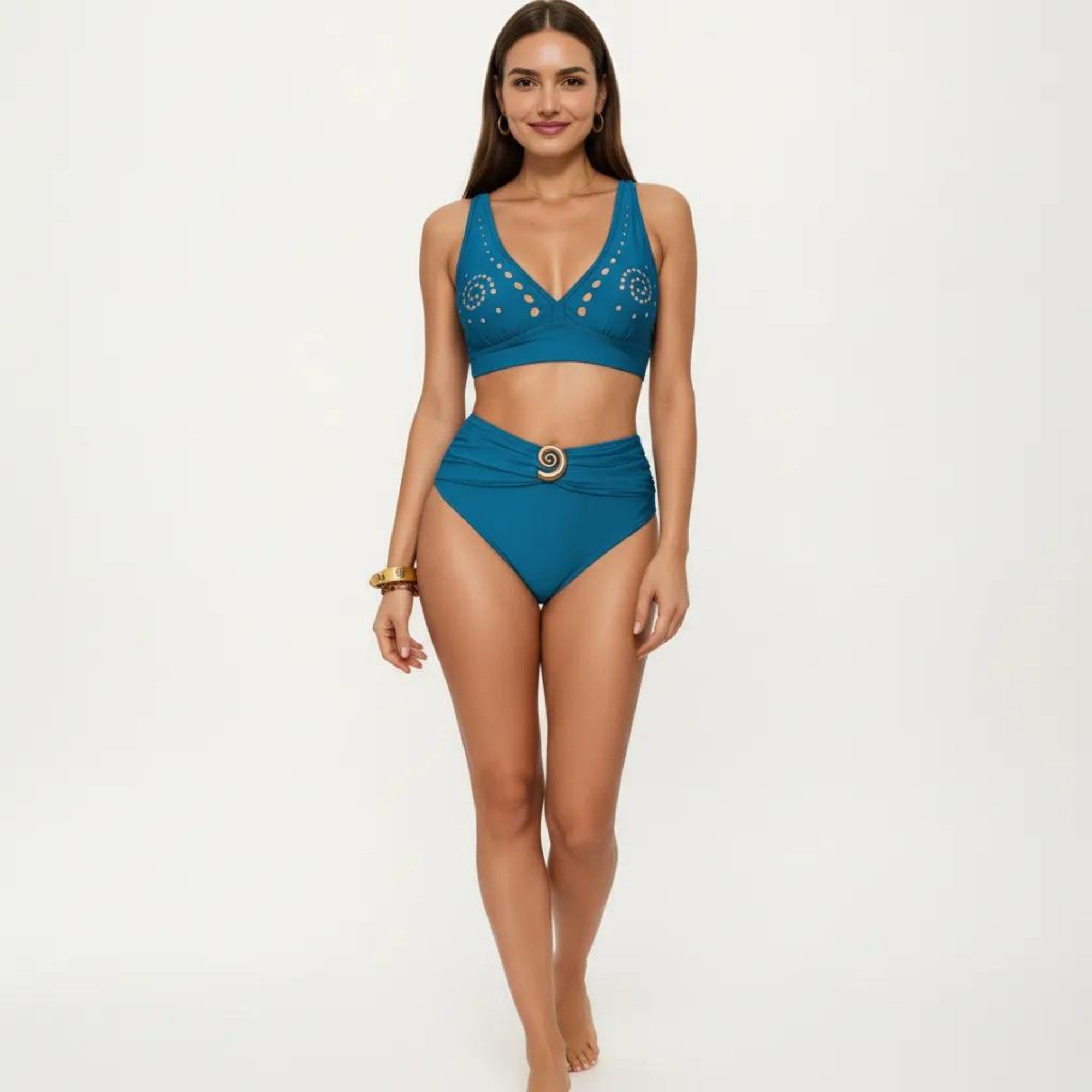 Anna-Kaci Swim Women's 2-Piece Bikini Set with Decorative Stud Bralette Top and High Rise Bottom with Center Hardware