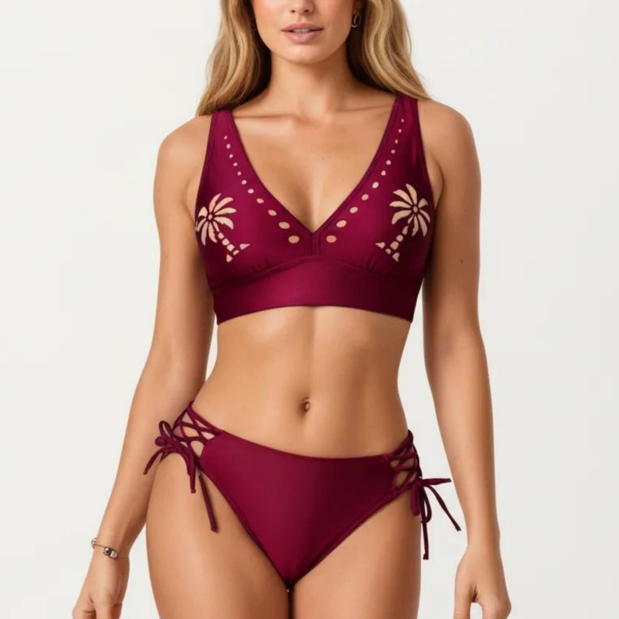 Anna-Kaci Swim Women's 2-Piece Bikini Set with Palm Tree Cutout Bralette Top and Adjustable Side Tie Bottom