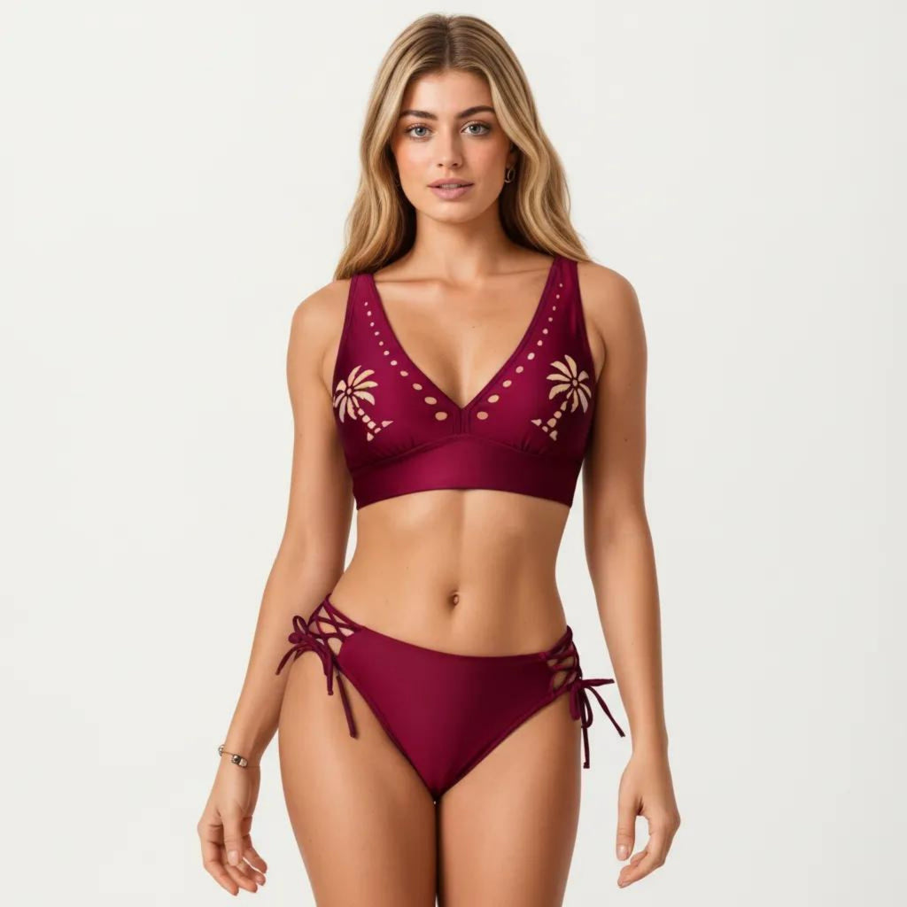 Anna-Kaci Swim Women's 2-Piece Bikini Set with Palm Tree Cutout Bralette Top and Adjustable Side Tie Bottom